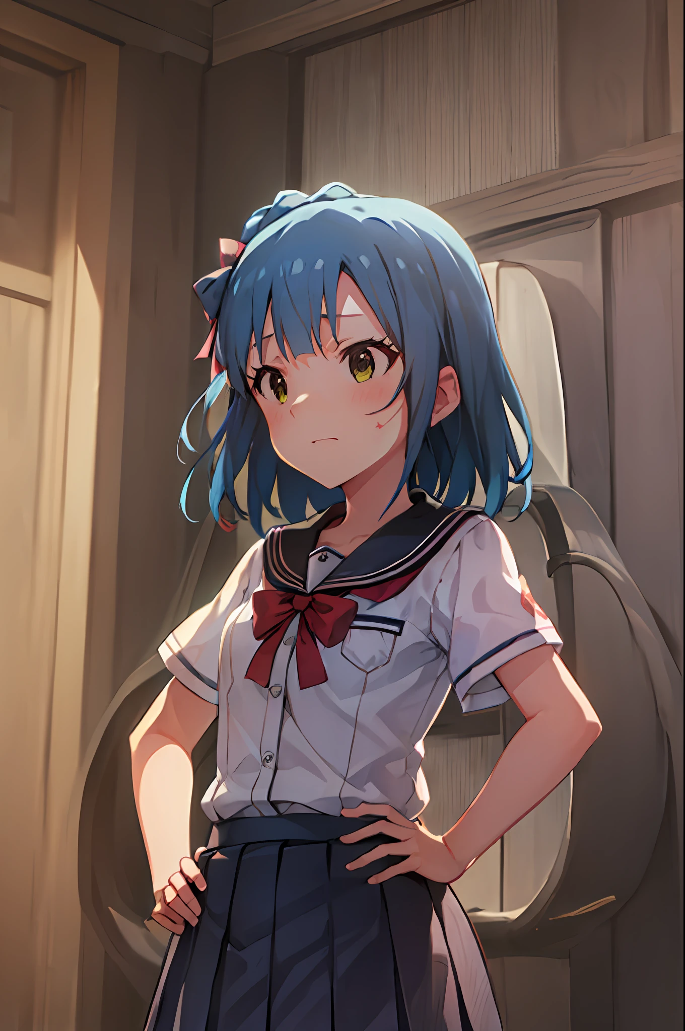 Yuriko Nanao (Million Live), (Top Quality, 8K, Masterpiece, Super Detail: 1.2), Cinematic Angle, Wide Shot, 1 Girl, Solo, Skirt, Watch Viewer, Sailor Color, Pleated Skirt, Short Sleeves, School Uniform, Blush, Serafuk, Clavicle, Ribbon, Upper Body, Adjusted Hair, Wind, Floating Hair, Hands on Hips, Chest Stretching, Despair Face.Night.