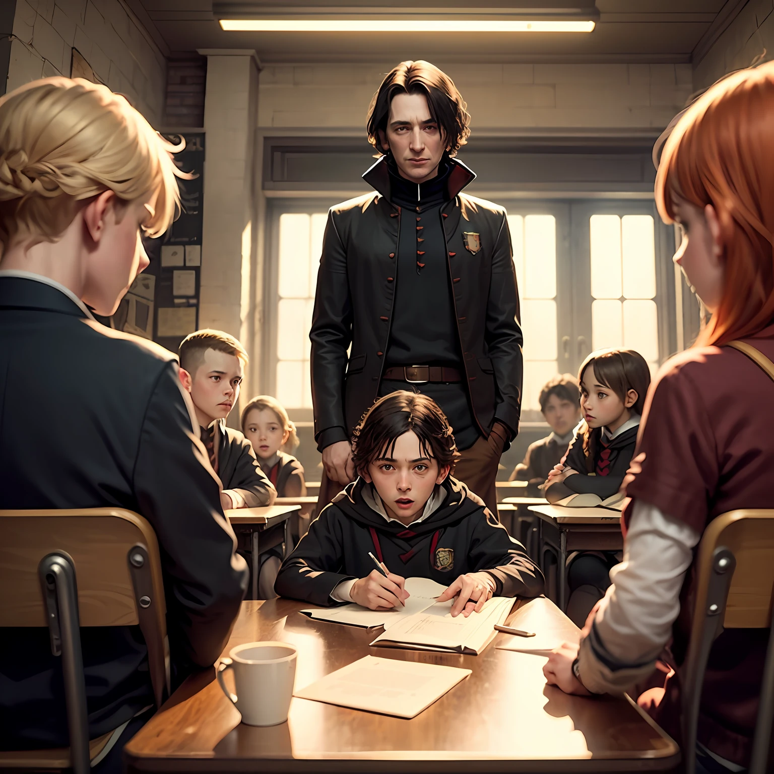 - Snape's Redemption: Create an image that shows Snape teaching a class of seventh graders in their final year at Hogwarts. Illustrate how your attitude in the classroom has changed over the years, revealing your true loyalty and commitment to the protection of Harry Potter and the school --auto