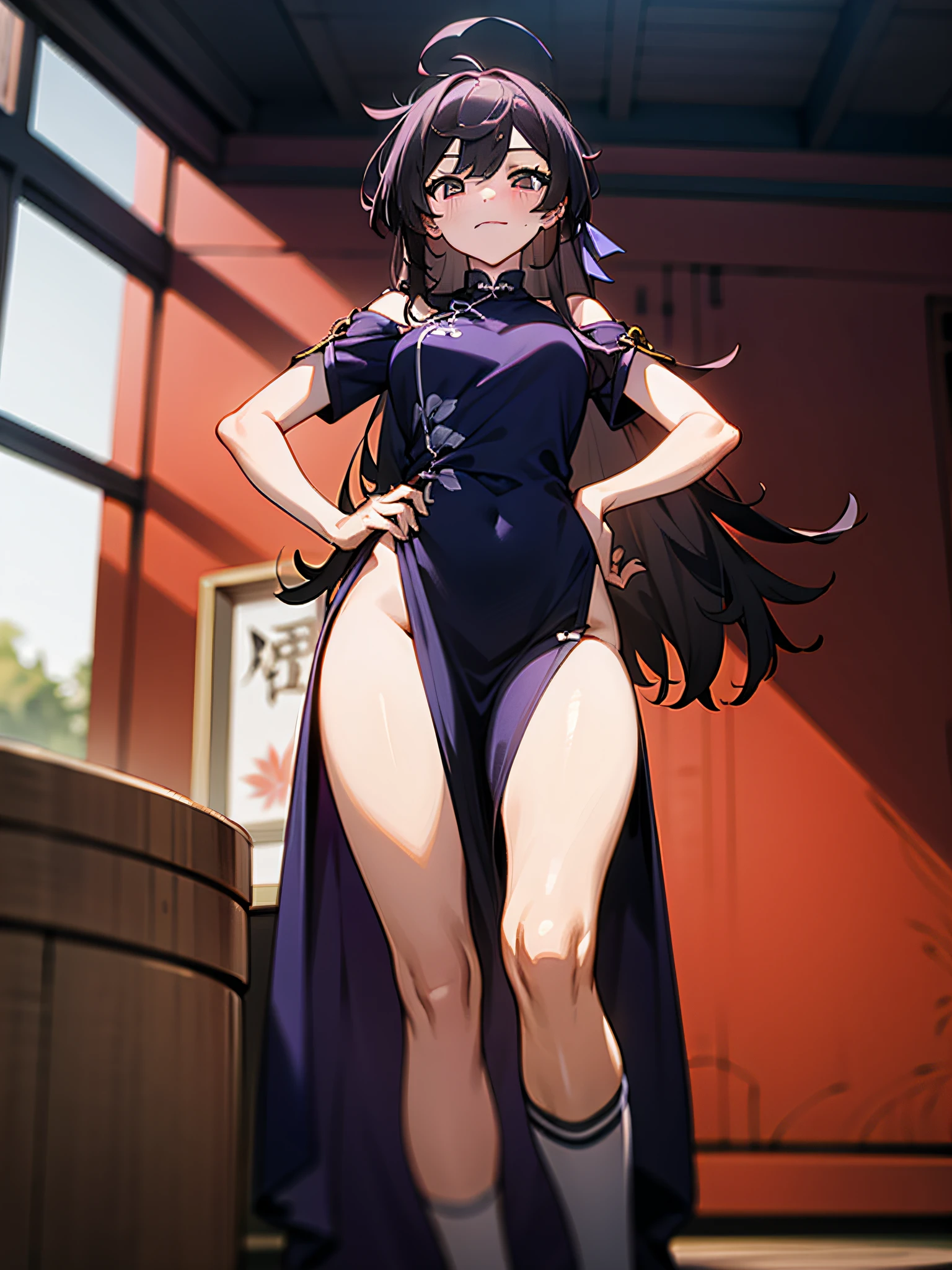 1 girl, solo, room, looking at the audience, blushing, hair bangs, indoor, dress, hair between the eyes, shut up, lying down, short sleeves, thighs, hands on hips, no panties, chinese clothes, porcelain dress, solid color dress, indoors, clothes tearing, indoors, bondage room, open legs, outdoors, origin, 1 girl, solo, long hair, looking at the audience, off-the-shoulder gray shirt, black over-the-knee socks, bare shoulders, (hands on hips)