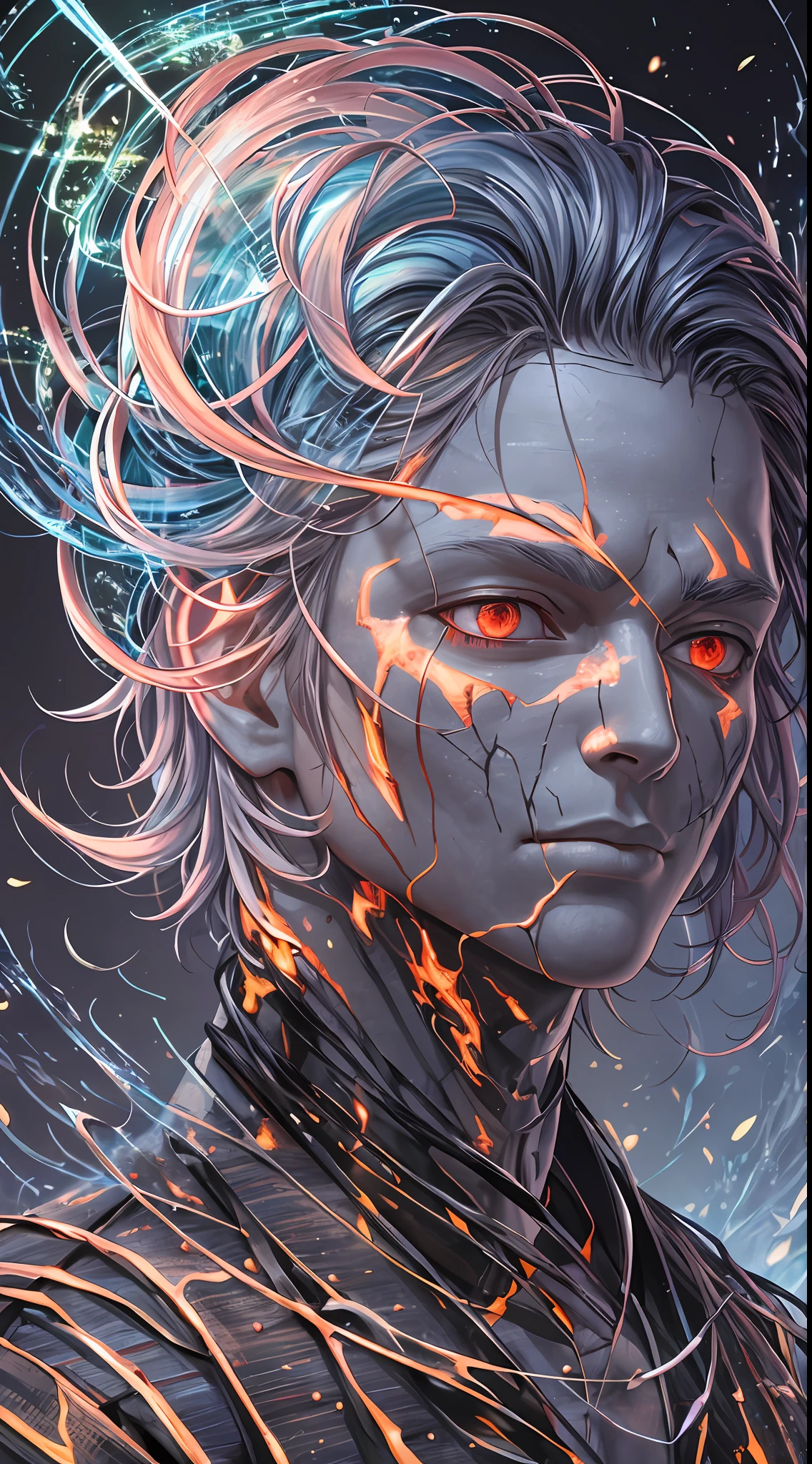 A humanoid boy with a cracked cyan face and red eyes, in the style of twisted branches, vray tracing, made of insects, burning/ charred, technological design, supernatural creatures, realistic human figures, subsurface fireflies, burning blue cotton hair --auto