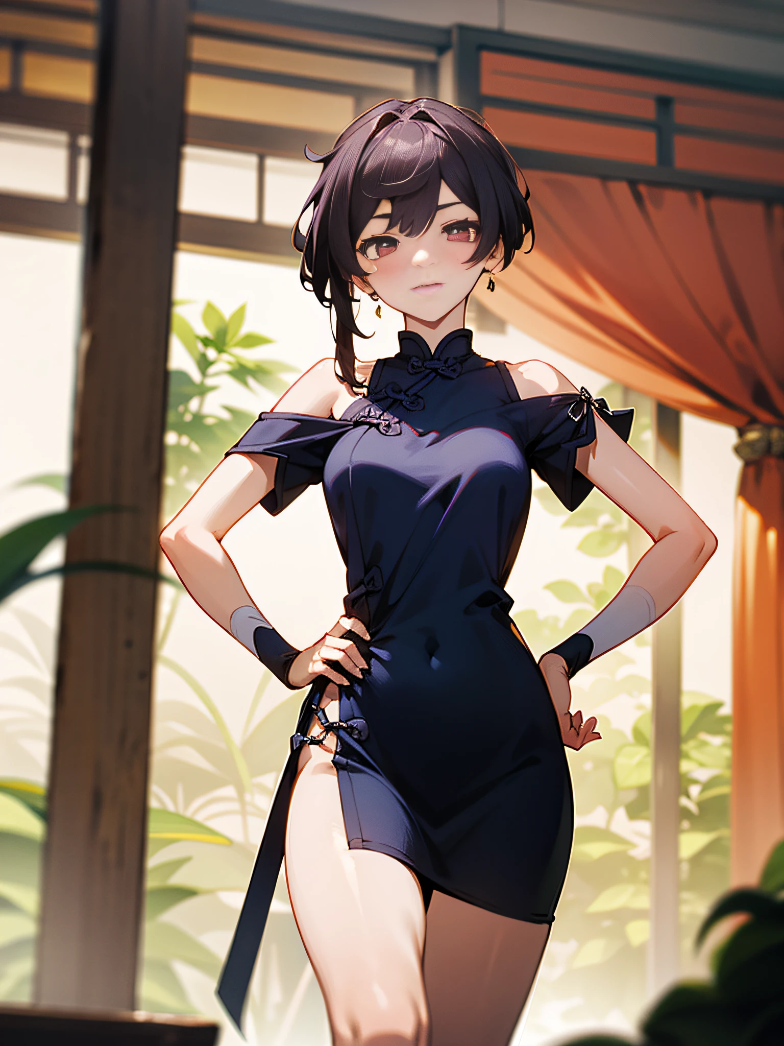 1 girl, solo, room, looking at the audience, blushing, hair bangs, indoor, dress, hair between the eyes, shut up, lying down, short sleeves, thighs, hands on hips, no panties, chinese clothes, porcelain dress, solid color dress, indoors, clothes tearing, indoors, bondage room, open legs, outdoors, origin, 1 girl, solo, long hair, looking at the audience, off-the-shoulder gray shirt, black over-the-knee socks, bare shoulders, (hands on hips)