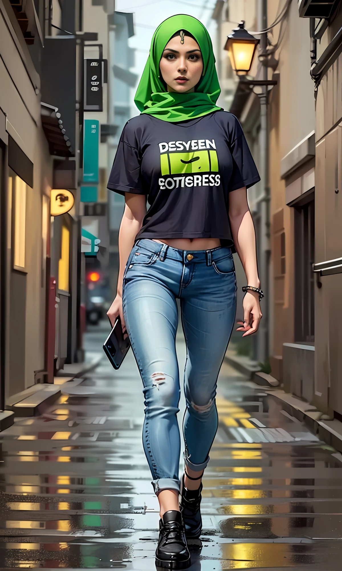 (
(Character: one hacker woman, Middle Eastern traits, brown skin, dark brown eyes, small tits)
(Clothing: t-shirt, jeans, green Hijab),(sfw:1.3)
(Pose: full body shot:1.7, holding a smartphone)
(Background:dark alley, intense urban lights in background, rain, green color scheme)
(Style: ((Best quality)), ((masterpiece)), (face detailed), photo-realistic:1.3, hyperrealistic)
)