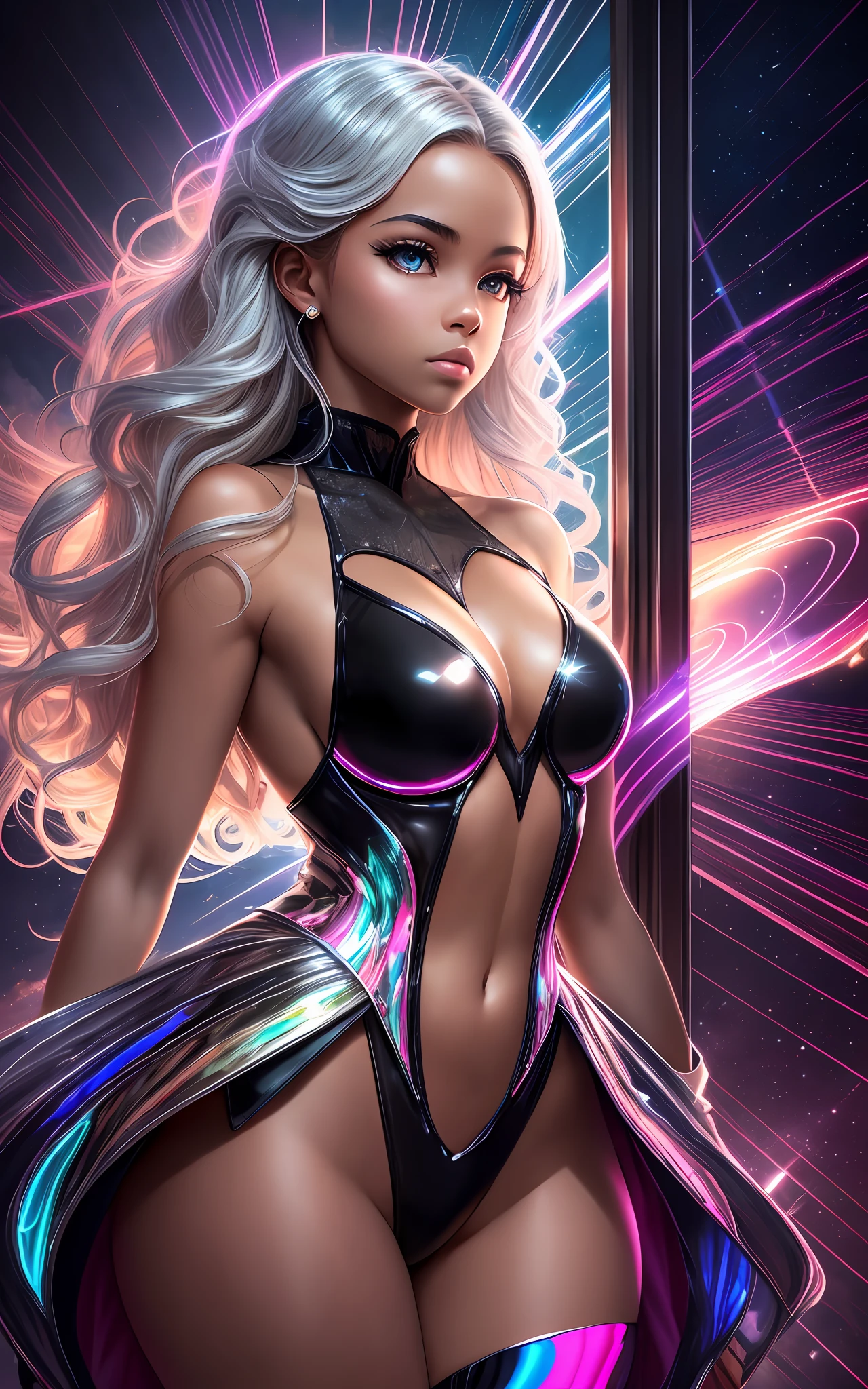 award winning 64k concept art of (black 1girl:1.2) in light pink majestic open dress standing bravely, head to the side, posing, epic, god rays, centered, upper body, (masterpiece:1.2), (best quality:1.2), Amazing, highly detailed, beautiful, finely detailed, warm soft color grading, Depth of field, extremely detailed 64k, fine art, stunning, iridescent, shiny, (light reflections:1.2), (crisp:1.5), silver curls, storm, vibrant, sunlit, (edge detection:1.2), absurdres, impressive, 120mm, outlining, wide thighs, mirrors, luminous, glittering, reflections, lights, sky