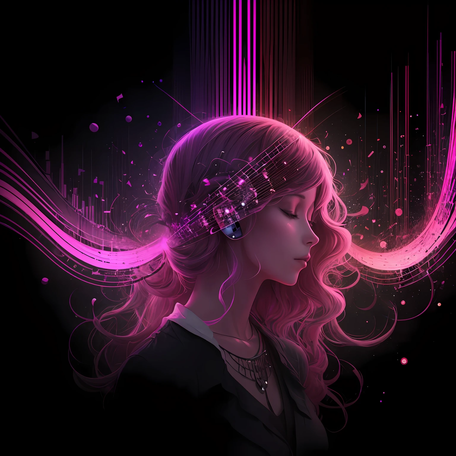 Woman turning stereo music into mono music, waveform, particles, digital art, 8k, pink, purple