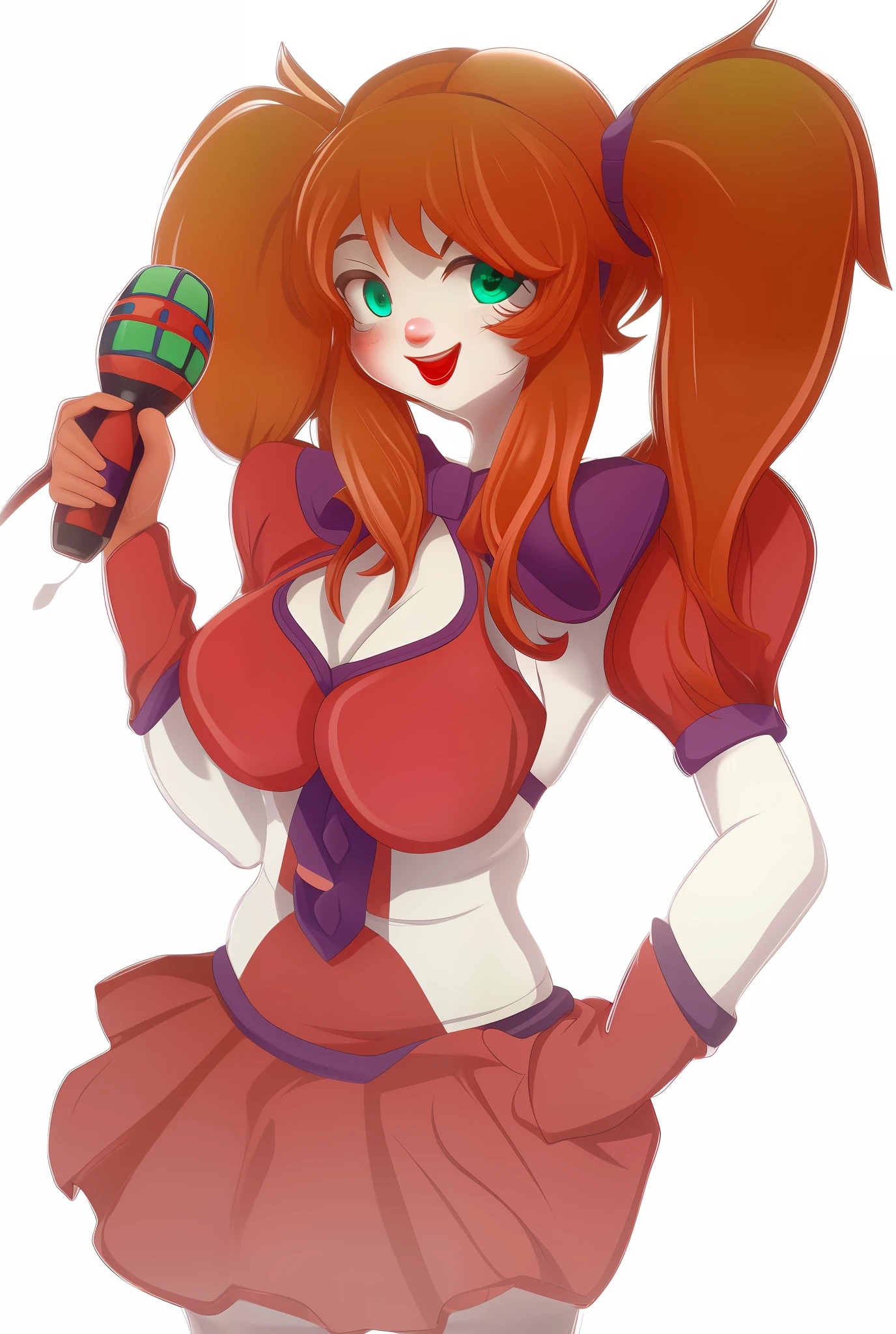 Beautiful clownness, red hair, ponytail hairstyle, sexy lush breasts, detailed chest lines, cute face, green eyes, holding a microphone in her hand, 3D rendering, hyper-detailing, hyperrealism