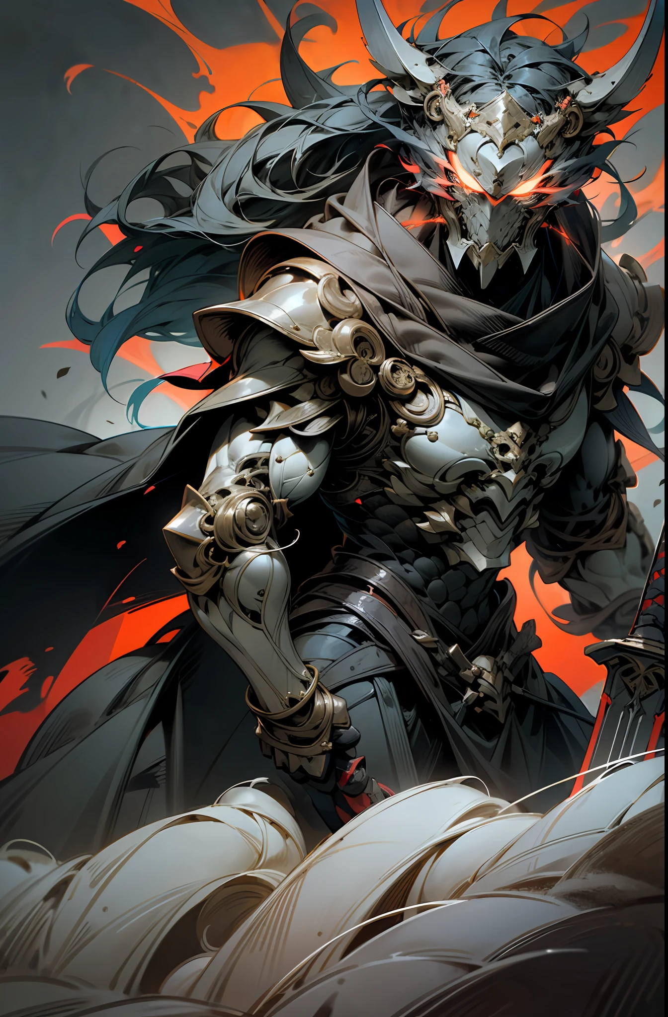 The image depicts a powerful and imposing berserker warrior, cloaked in a dark mantle that blends with the surrounding shadows. His muscular and robust body bears marks and scars from countless battles, indicating his resilience and combat experience.
The warrior's eyes shimmer with an intense red glow, emitting a sinister and menacing aura. His facial expression is determined and unyielding, conveying a sense of power and fearlessness.
He wields a formidable weapon, such as a broadsword or a two-handed axe, adorned with intricate and dark designs. The blade of the weapon is as black as the night and seems infused with shadowy powers, emanating an eerie and malevolent energy.
The warrior is positioned in a somber and atmospheric setting, perhaps a macabre landscape with twisted trees and dense fog. The faint light that penetrates through the shadows enhances his powerful figure and creates a dramatic contrast.
The visual quality of the image is highly detailed, with meticulous attention to the armor, weapon, and facial features of the berserker warrior. Every texture and shadow is rendered masterfully, creating an atmosphere reminiscent of the dark and challenging characters from the Dark Souls series.
This image captures the essence of a powerful berserker warrior with shadow powers, evoking the sensation of an epic journey in an unforgiving world filled with dangers.
