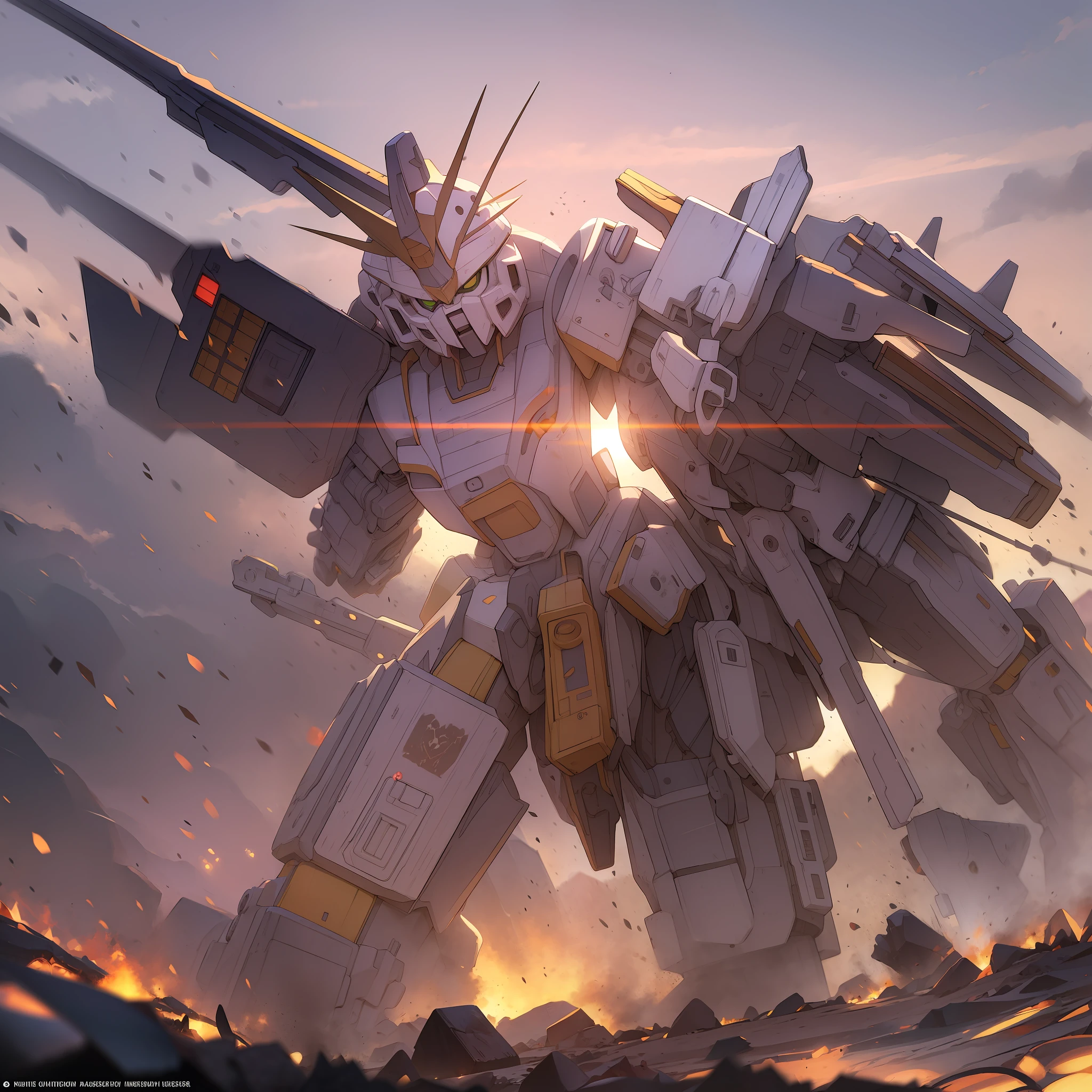 Masterpiece, best quality, 8K wallpaper, ink style, landscape between an armed Gundam is playing the piano