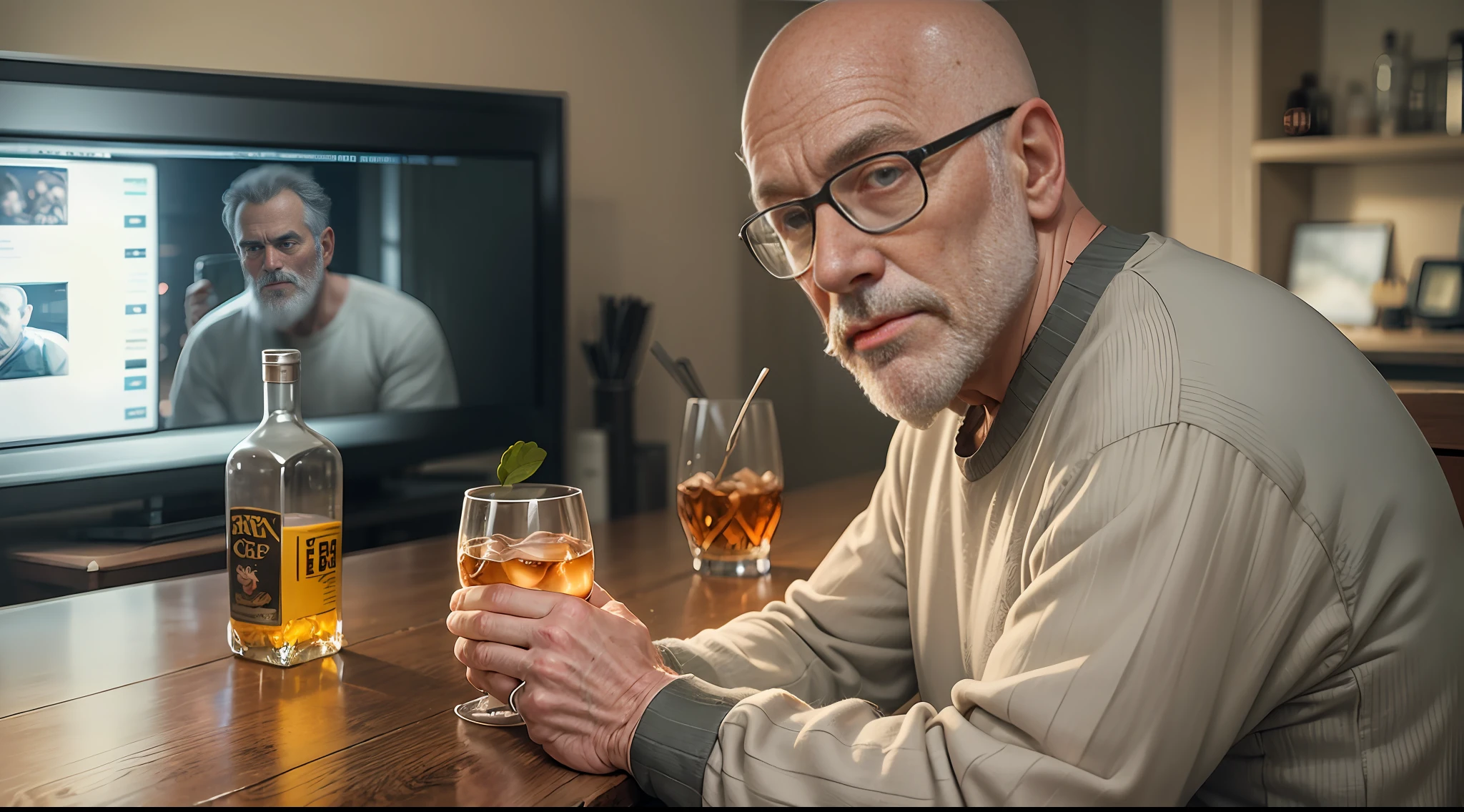 An old man with a gray beard and a bald head, wearing a loose brown long-sleeved shirt, holding a glass of spirits, looks at TV, movie shots, close-up TV with a cold look
