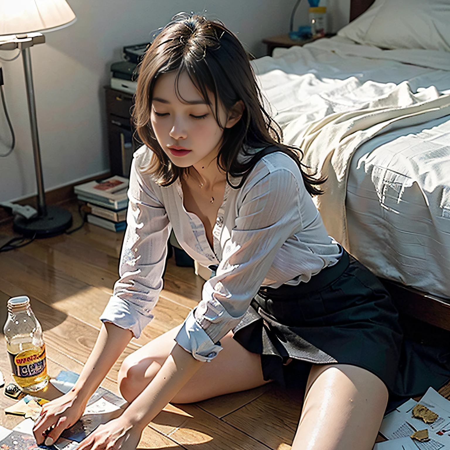 (8k, RAW photos, best quality, masterpiece, : 1.2), (realistic, photorealistic: 1.37), (1 girl, solo: 1.3), office lady 24 years old Japan girl, office lady, black hair, (disheveled hair, unkempt hair: 1.3), labor, hard work, social work, overwork, exhaustion, bed, from above, (lying on the bed, sleeping on the bed, Legs spread, sleeping, eyes closed, mouth open: 1.5), sad expression of despair, bedroom, (dark room, night, indirect lighting: 1.3), small bust, wearing glasses, (office lady, shirt, skirt, pantyhose: 1.4), (disheveled clothing: 1.4), sloppy posture, (littered with garbage, garbage bags, messy room, messy clothes, Empty cans lying on the floor, bottles of liquor lying on the floor, half-eaten sweets on the floor: 1.3), spilled potato chips, energy drinks, ultra-high resolution, physically based rendering, cinematic lighting, dynamic angles