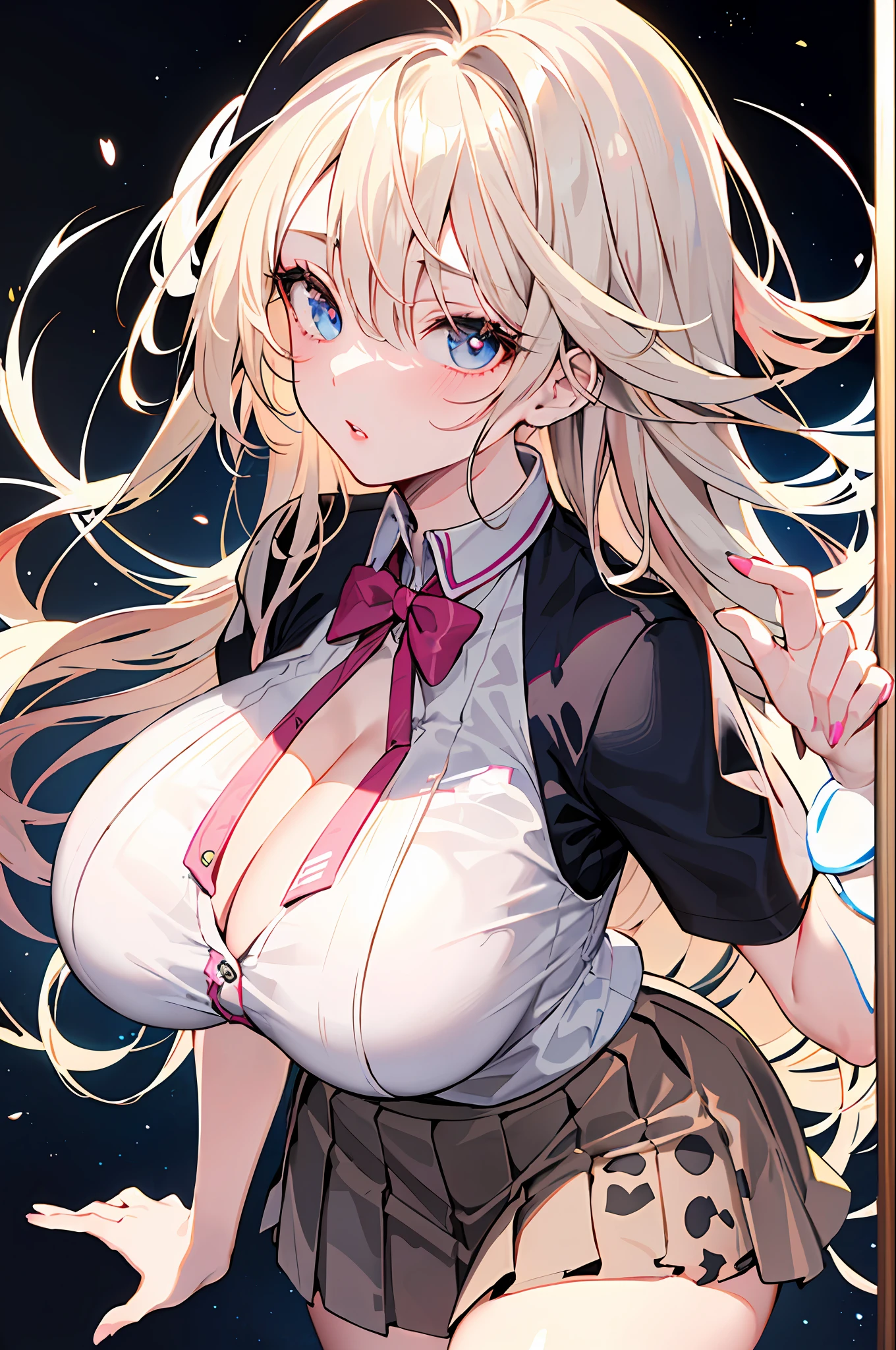 1girl, nsfw, masterpiece, best quality, slender girl with hourglass body and massive breasts, solo, pretty, cute, shy girl, ((girl wears white blouse, pink vest, brown pleated skirt, short skirt)), cleavage, sexy, girl shows enticing breasts, enticing thighs, ((platinum blond hair, long hair)), indigo eyes, detailed eyes, beautiful eyes, delicate eyes, ((hourglass body, sexy body)), correct anatomy, correct limbs, ((massive breasts, large breasts)), juicy lips, pouty lips, [detailed background (korean school, korean high school, Seoul, south korea)]