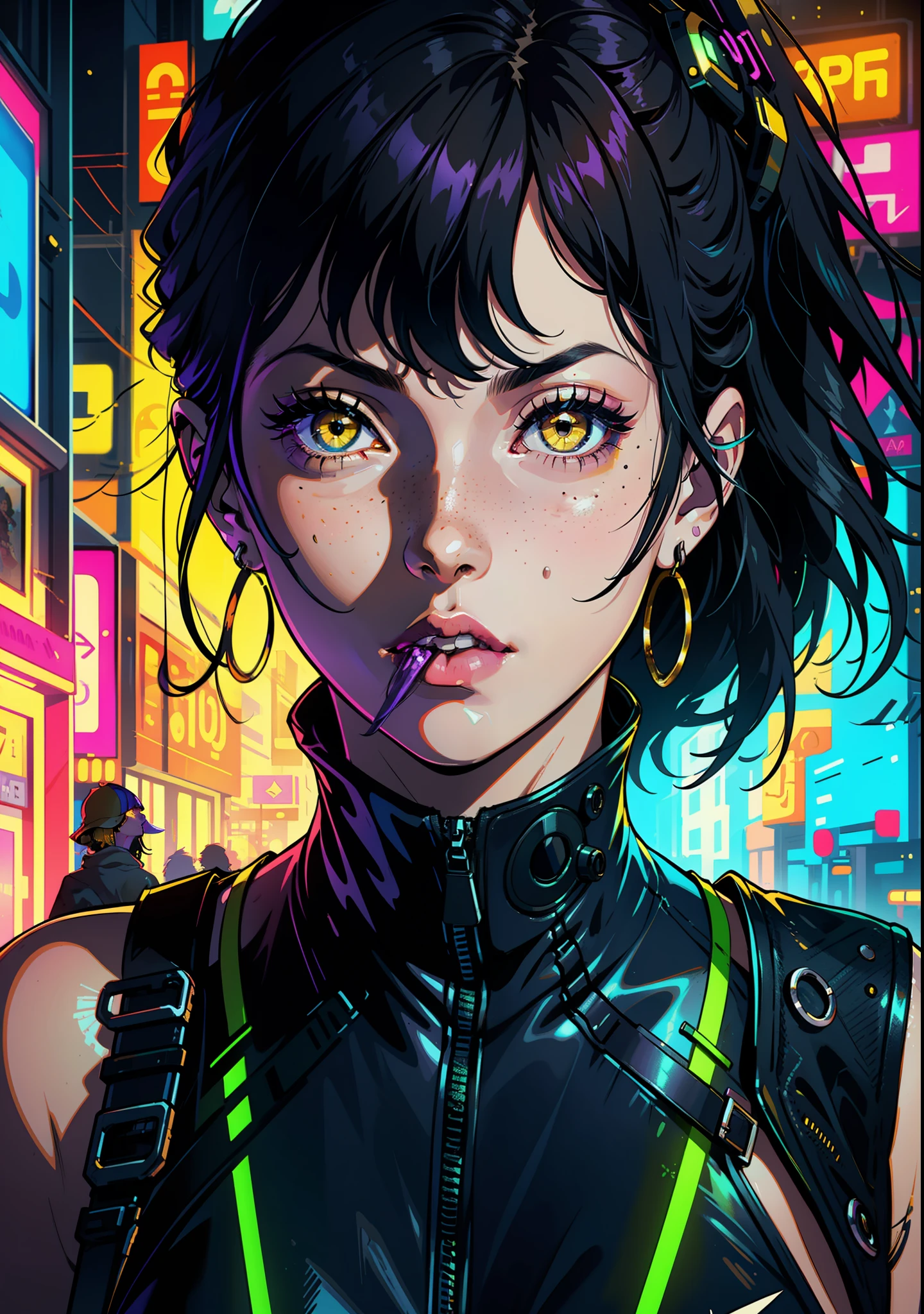 1girl, solo, colorful, yellow eyes, cyberpunk, city, peace sign, earrings, purple hair, blindfold, freckles, prosthesis, mechanics, neon, beautiful lighting, purple reflection, cap, smoking, character focus, cg illustration, bust shot, yellow and black outfit, black hair, cannabis, smoke, euphoria, energy