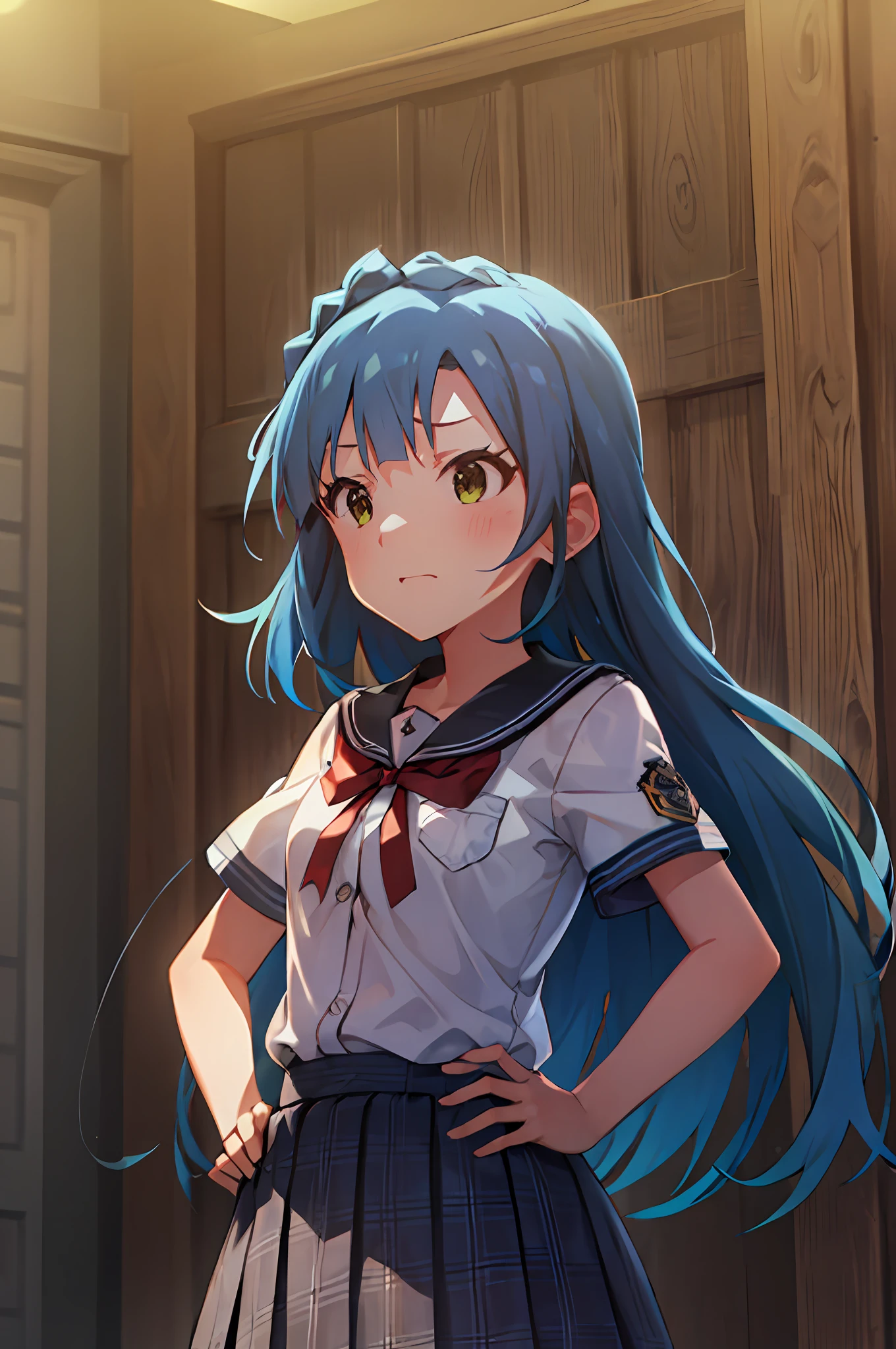 Yuriko Nanao (Million Live), (Top Quality, 8K, Masterpiece, Super Detail: 1.2), Cinematic Angle, Wide Shot, 1 Girl, Solo, Skirt, Watch Viewer, Sailor Color, Pleated Skirt, Short Sleeves, School Uniform, Blush, Serafuk, Clavicle, Ribbon, Upper Body, Adjusted Hair, Wind, Floating Hair, Hands on Hips, Chest Stretching, Despair Face.Night.