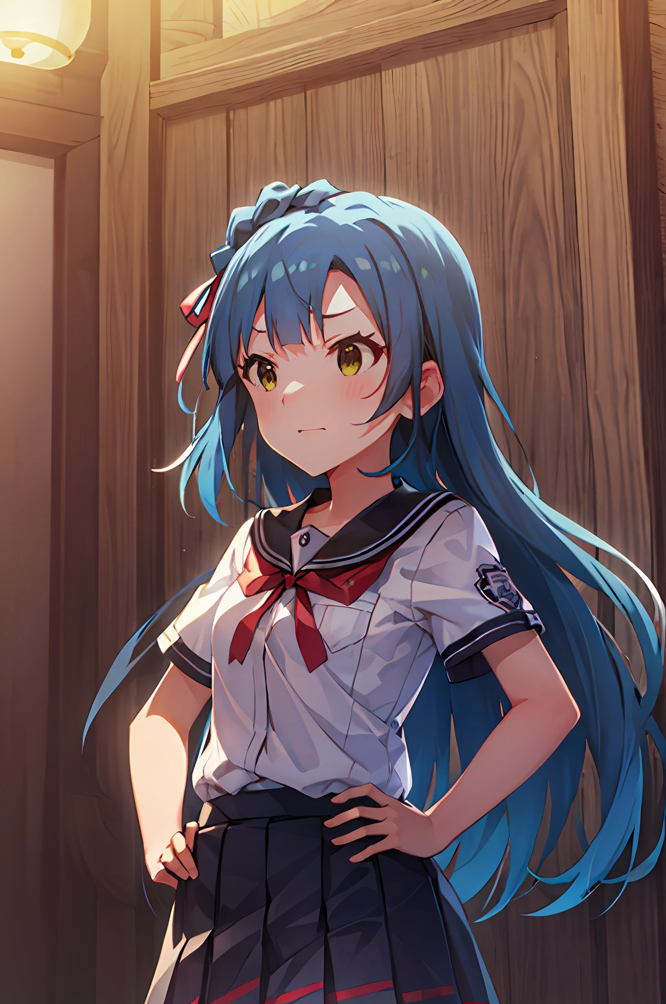 Yuriko Nanao (Million Live), (Top Quality, 8K, Masterpiece, Super Detail: 1.2), Cinematic Angle, Wide Shot, 1 Girl, Solo, Skirt, Watch Viewer, Sailor Color, Pleated Skirt, Short Sleeves, School Uniform, Blush, Serafuk, Clavicle, Ribbon, Upper Body, Adjusted Hair, Wind, Floating Hair, Hands on Hips, Chest Stretching, Despair Face.Night.