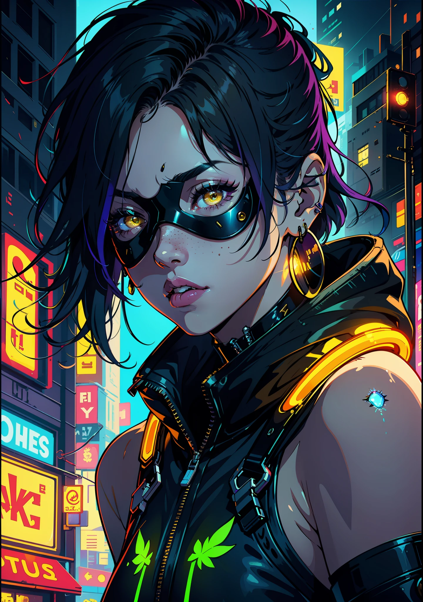 1girl, solo, colorful, yellow eyes, cyberpunk, city, peace sign, earrings, purple hair, blindfold, freckles, prosthesis, mechanics, neon, beautiful lighting, purple reflection, cap, smoking, character focus, cg illustration, bust shot, yellow and black outfit, black hair, cannabis, smoke, euphoria, energy