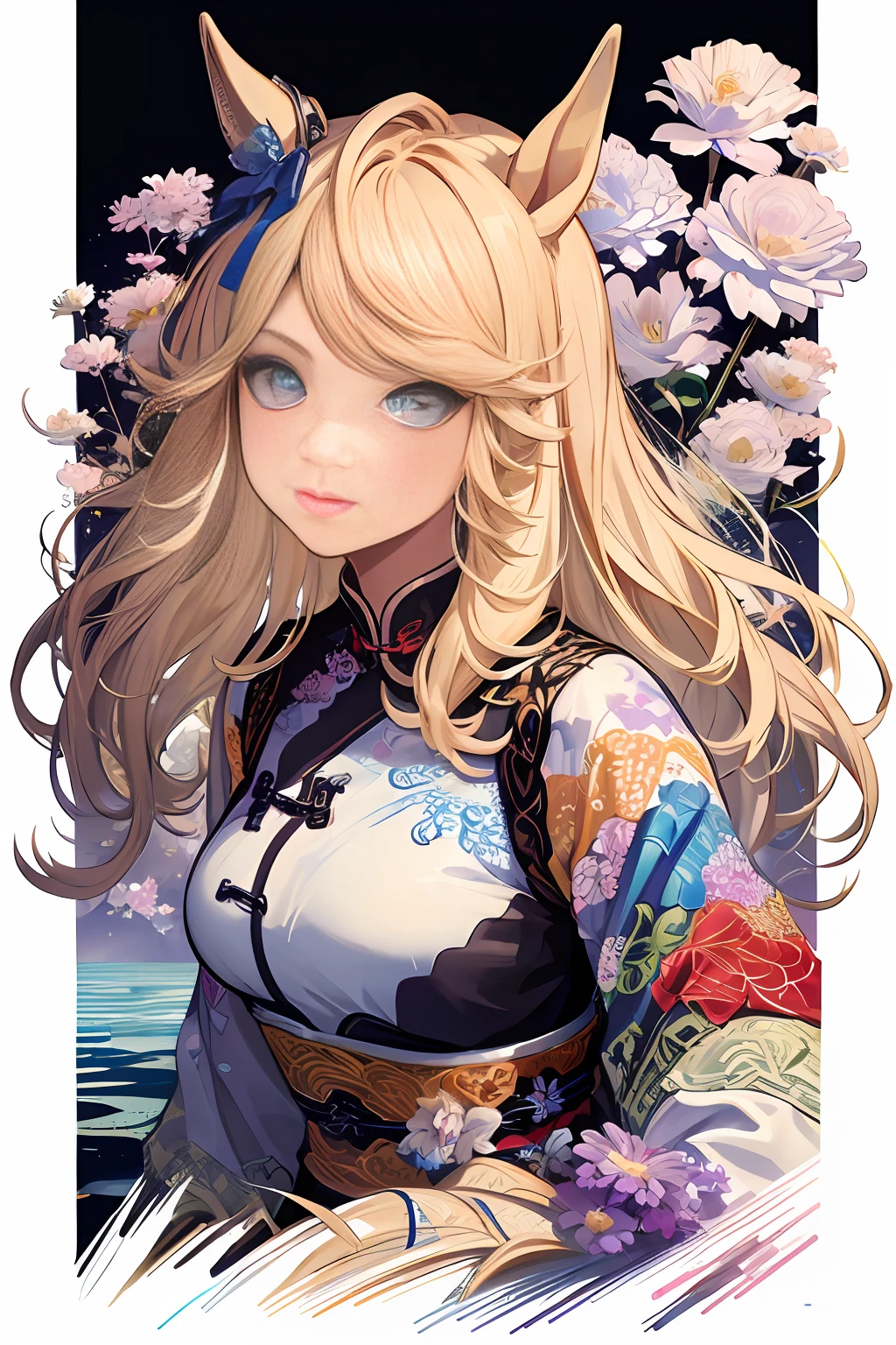 ((Masterpiece)), (Illustration), (((highest quality)), iridescent,
((Beautiful detailed girl)), middle breast, (horse tail),
(delicate and pretty face), Lovestruck, (iridescent eyes),
((floating_hair)), 
Gold City \(Umamusume\), extremely detailed,(fractal art:1.1),(colorful:1.1)(flowers:1.3),highest detailed,(zentangle:1.2), (dynamic pose), (abstract background:1.3), (chinese Traditional cloth:1.2), (shiny skin), (many colors:1.4),
