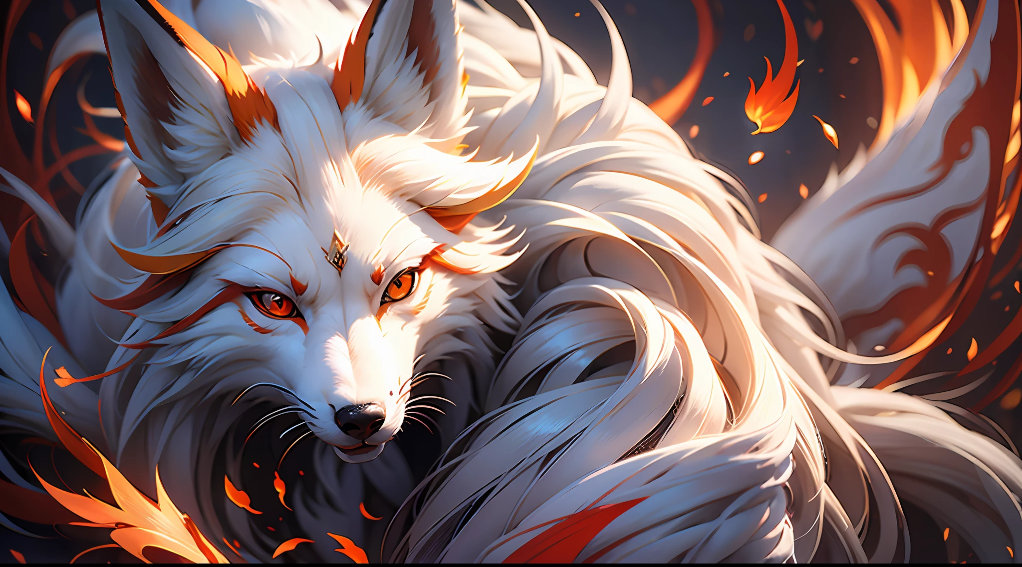 (Best Quality: 1.3), (Masterpiece: 1.3), (Realistic: 1.4), (Detail: 1.1), Nine Tails, Fox, White Fur, Super Fine, Super Flowing, Red Dragon Pattern on the Body, Red Eyes Bright and Gody, 9 Tails Upward, Dynamic, Mythical Background, Super Dreamy