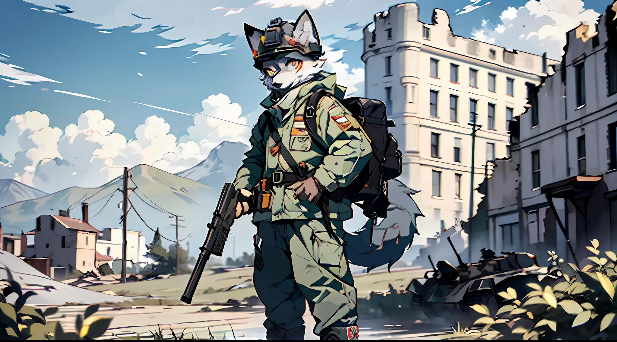 (Best Image Quality), ((Sharpen 1.2)), (Masterpiece), 4K Resolution, Ultra Clear, Visible Lines, (((Single))), (Ultra Detailed), (Furry), Full Body Furry, Furry, (Male Arctic Fox: 1.5), (Grey Skin: 1.3), (Gray Fur: 1.3), (Golden Eyes), ((Canine Paws)), ((Gray Paws)), (Grey Ears), Sharp Focus, (Furry Animal Ears), Wearing Soldier Gear, wearing a soldier's helmet, wearing a gas mask, carrying a rifle on his back, ((standing next to an armored vehicle)), on the ruins of the battlefield