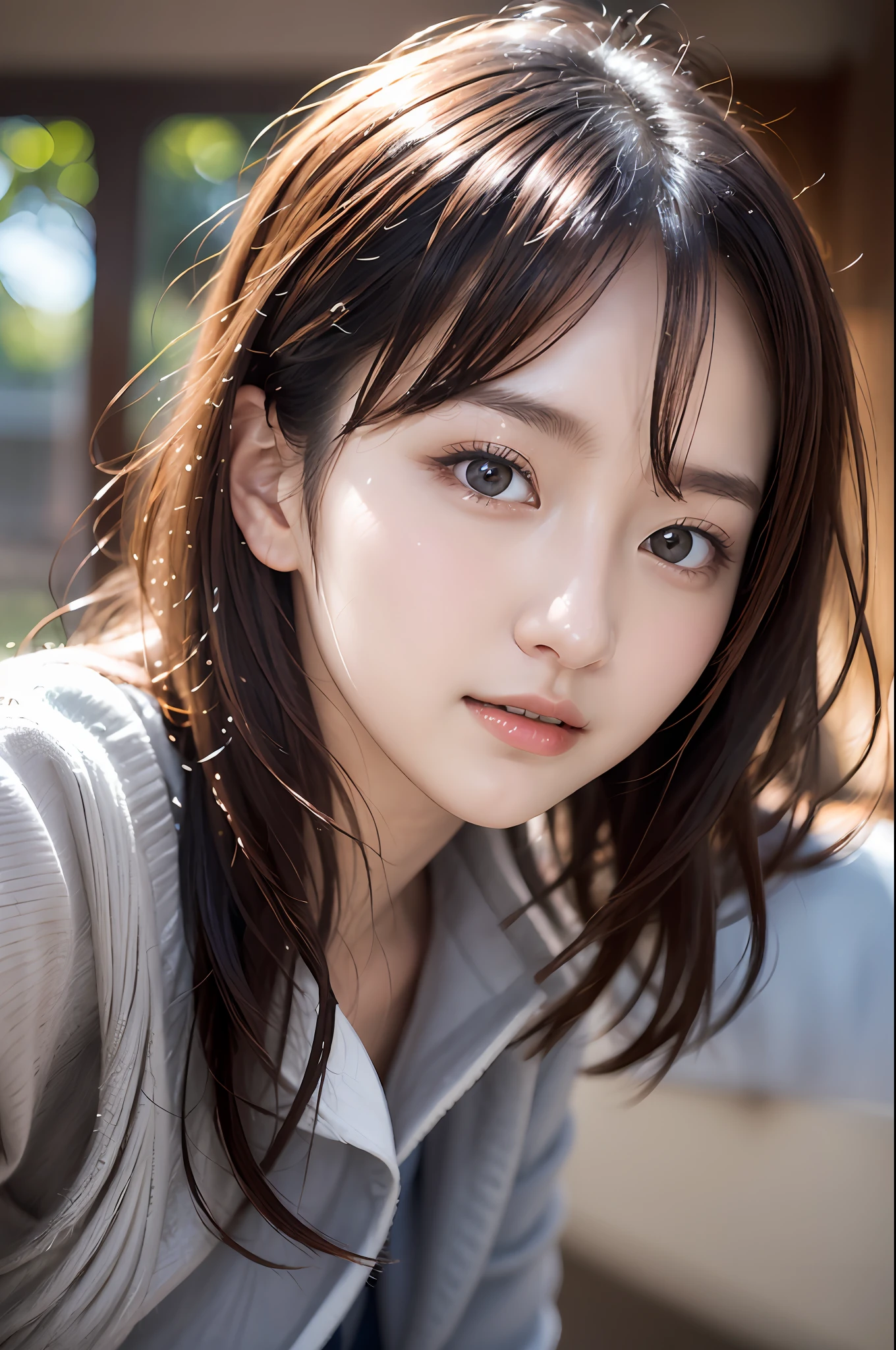 A close up of a woman with long hair and a gray jacket - SeaArt AI