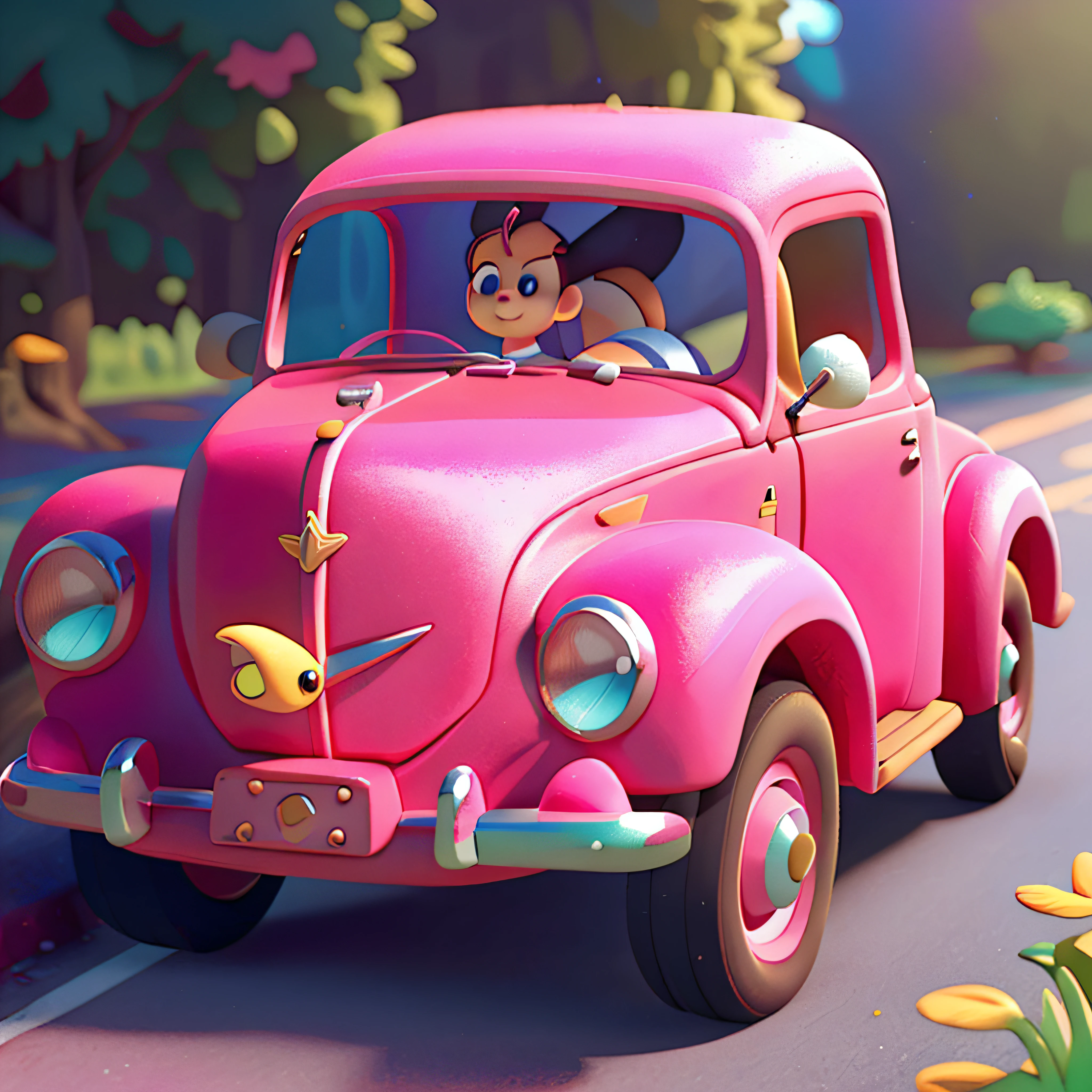 Pink car parked on the side of the road, pink iconic figure, photo 85 mm, Kodak chrome:: 8 k, pink, Matthias Wescher, pink pastel, pastel pink, vintage car
