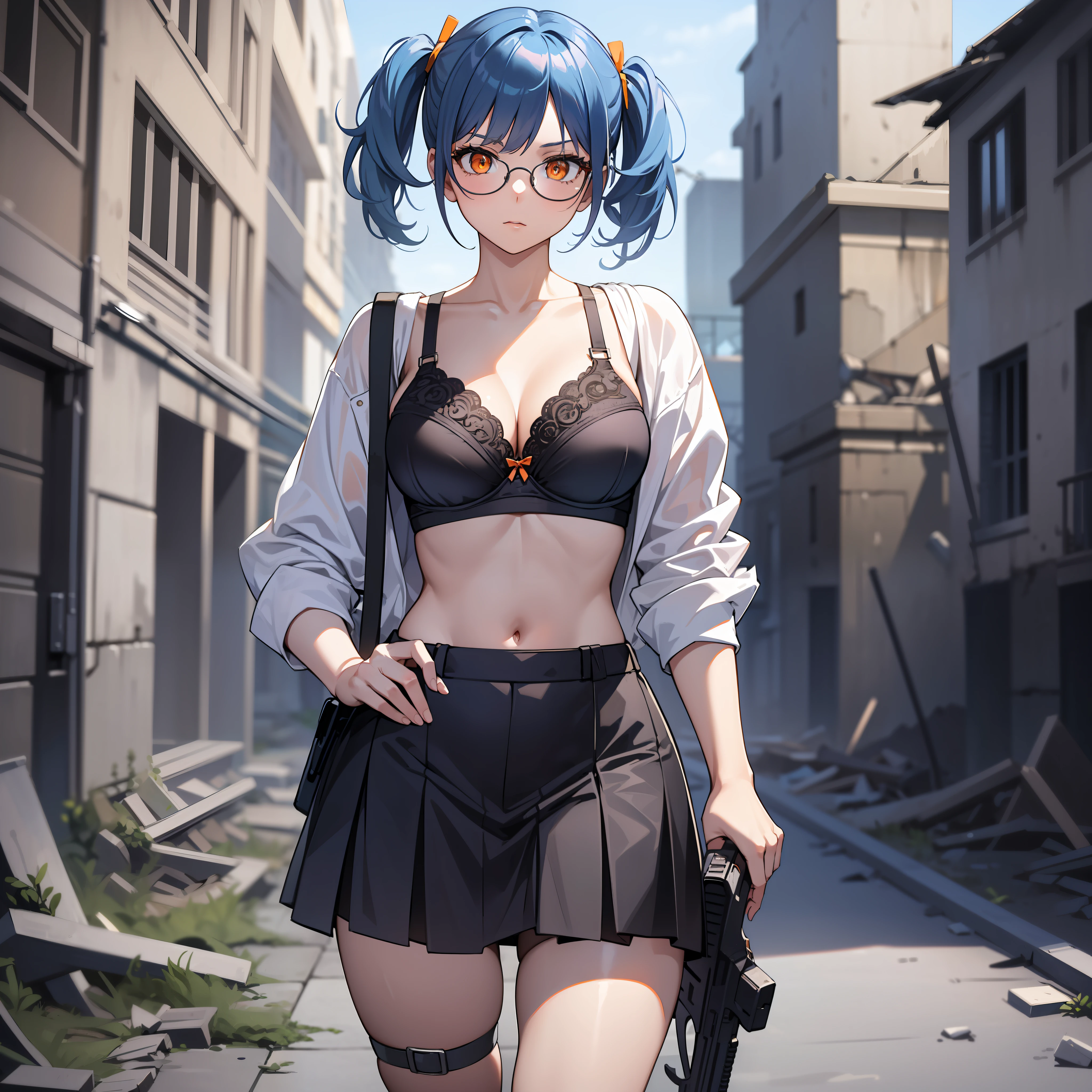Thirty year old woman, glare, short blue hair With white lines In the middle, in two pigtails, orange eyes, wearing transparent glasses, bra and Black miniskirt, holding a long firearm, Stylized in our ruins