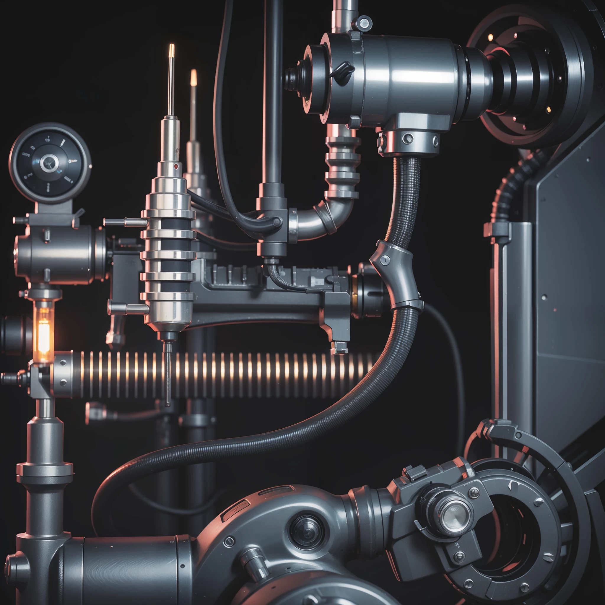 High degree of craftsmanship and quality assurance, A masterpiece from the hands of top masters, Extremely detailed and clear image resolution, Rendered with camera,Realstic, Inspiration based on real photos, A mechanical, Highly realistic detail,Panorama lighting effects, Fine and accurate shadow representation, Uses advanced octane rendering techniques, 高达8K分辨率, Extremely sharp and clear lines and details, Representation of metal materials, Fine and intricate decorative details, steampunk details, Depicting vacuum tubes、Liquid tubes、oil pressure gauges、glass tubes、Simulate details such as meters, Highlight the details and movement of the gears, Performance of gold hydraulic cylinders, Highly complex and detailed depiction, Realistic and realistic lighting effects,The eyes glow, Face the audience's gaze, Detailed depiction of neon details, Depicting mechanized body parts, Depict blood vessels connected to the duct, Depicting a mechanized spine attached to the back, Depicting a mechanical attachment attached to the neck, Present a sitting position, Depict wires and cables connected to the head, Depict the details of small LED luminaires