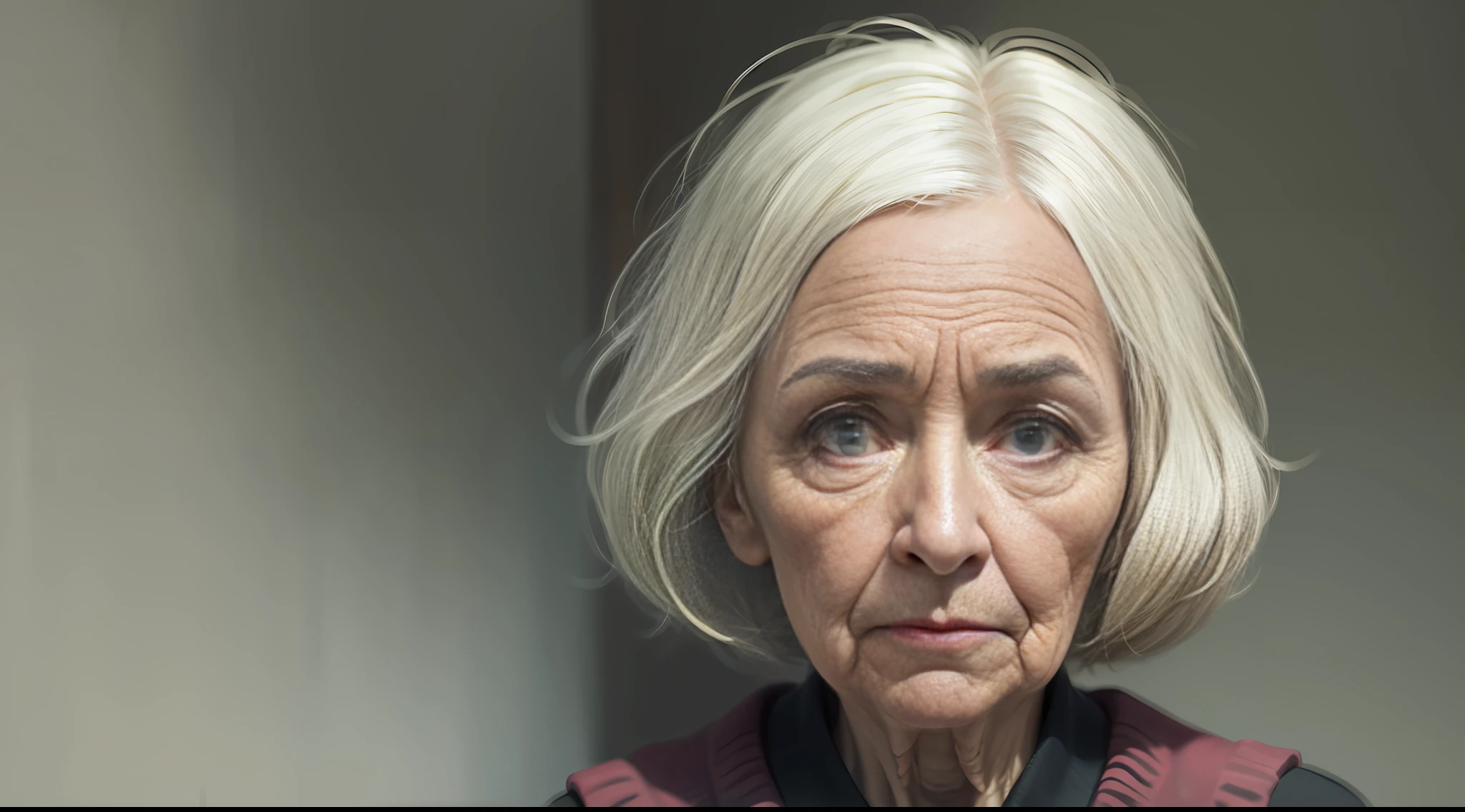 Elderly woman, with a tired expression, blank eyes, shrugged eyelids, appearing dull and numb.