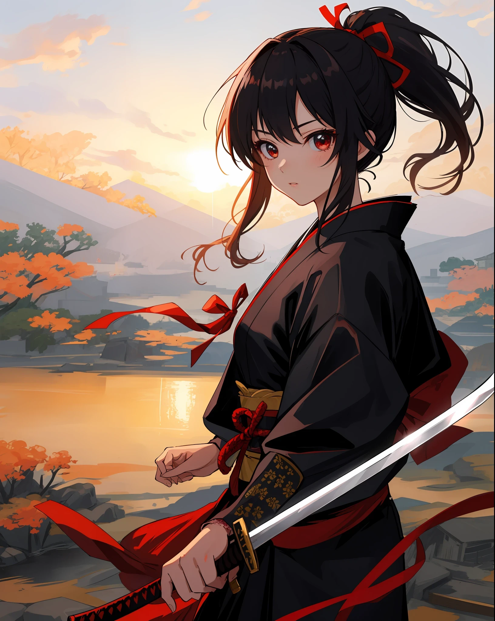 Masterpiece, super high quality, super detail, perfect drawing, solo, beautiful girl, sword-wielding samurai, black ponytail, hair tied with a big red ribbon, equipped with two Japan swords, fury.