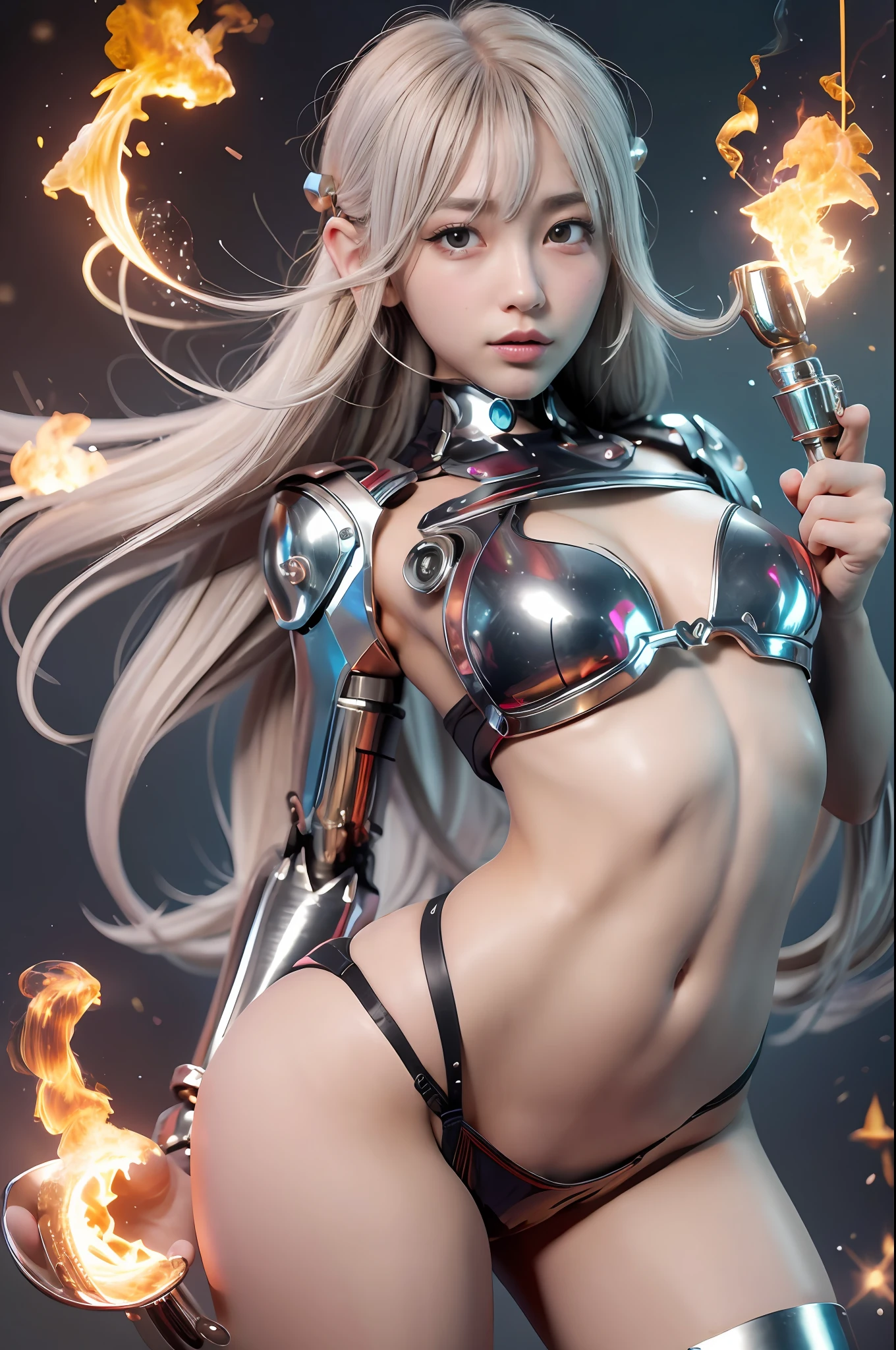 cyborg, girl, cute, sexy, strong, slender, bikini, high-legged, silver, beam from eyes, fire from mouth, smoke from nose and ears