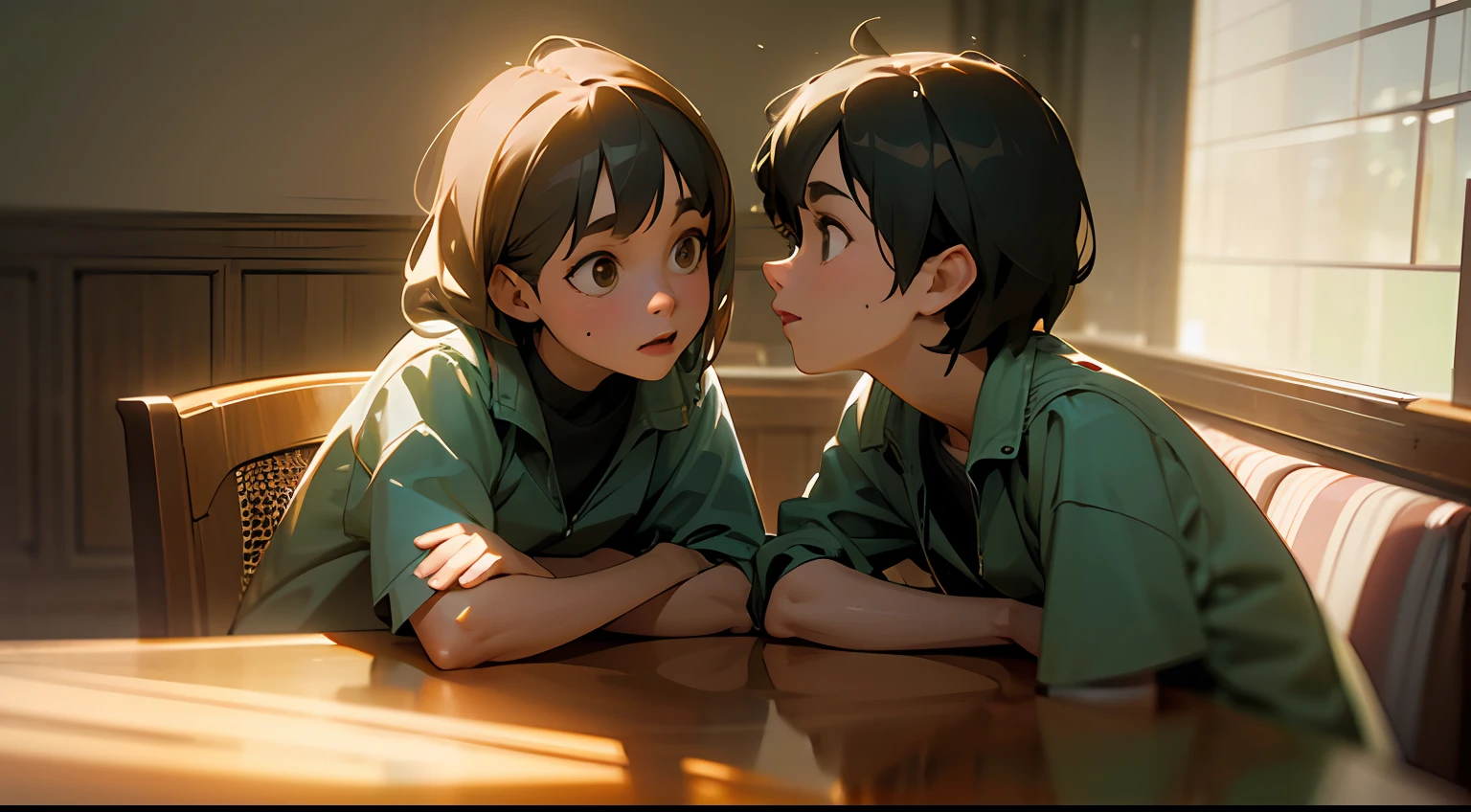 a 3D scene from Pixar showing two people having one talking. Inspired by Pixar's work, the scene is rendered with realistic detail and smooth textures, depicting the tension between the characters. The color temperature is neutral, with elevated facial expressions and balanced lighting, creating an attractive atmosphere of emotional conflict. --V 5 --Stylize 1000
