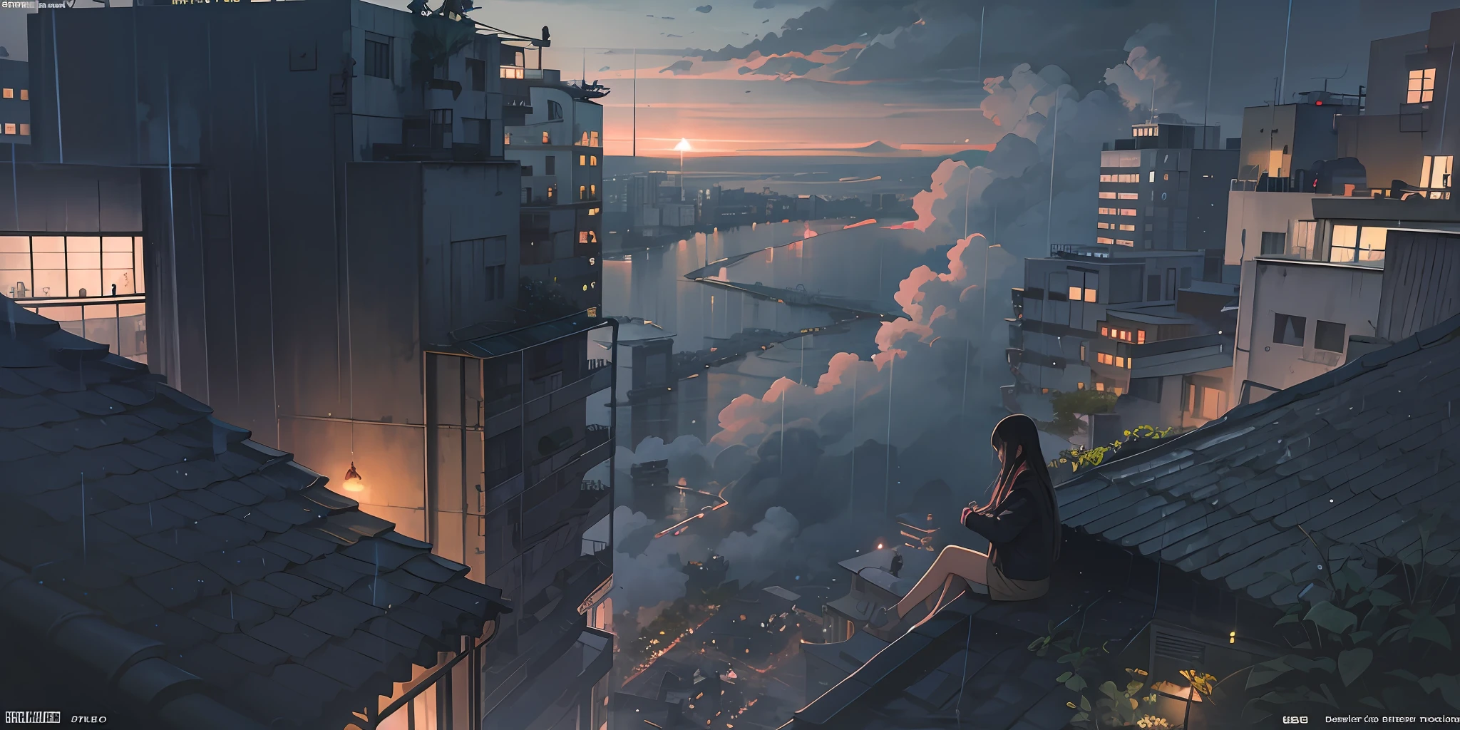 anime scene of a woman sitting on a rooftop overlooking a city, gloomy. by makoto shinkai, makoto shinkai cyril rolando, anime atmospheric, anime art wallpaper 4k, anime art wallpaper 4 k, girl sitting on a rooftop, anime art wallpaper 8 k, inspired by Makoto Shinkai, watching the sun set. anime