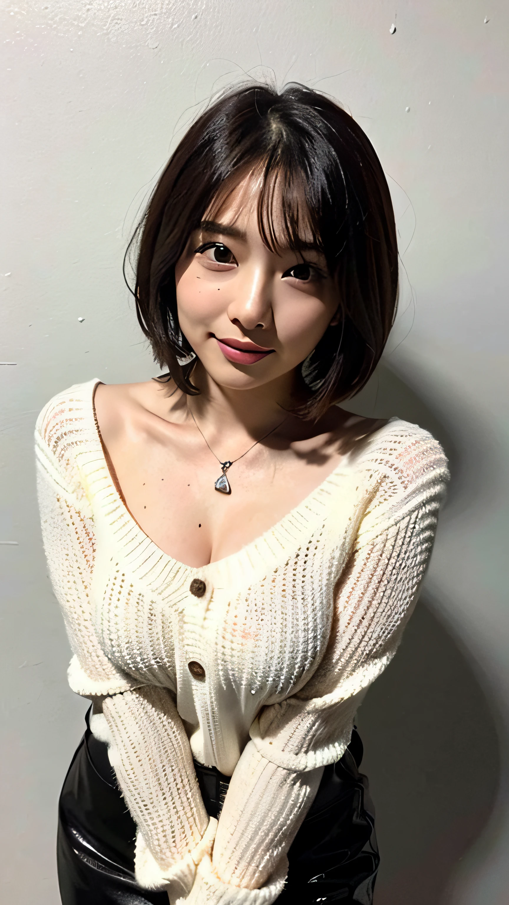 (Best Quality, 8k, 32k, Masterpiece, UHD: 1.2), Cute Japan Woman Pictures, Big Breasts, Very Short Bob Hair, Upper Body, Face Focus, (oversized_sweater,:1.1) Necklace, Simple Background, Watch, Viewer, Leaning Forward, Shiny Latex Sweater