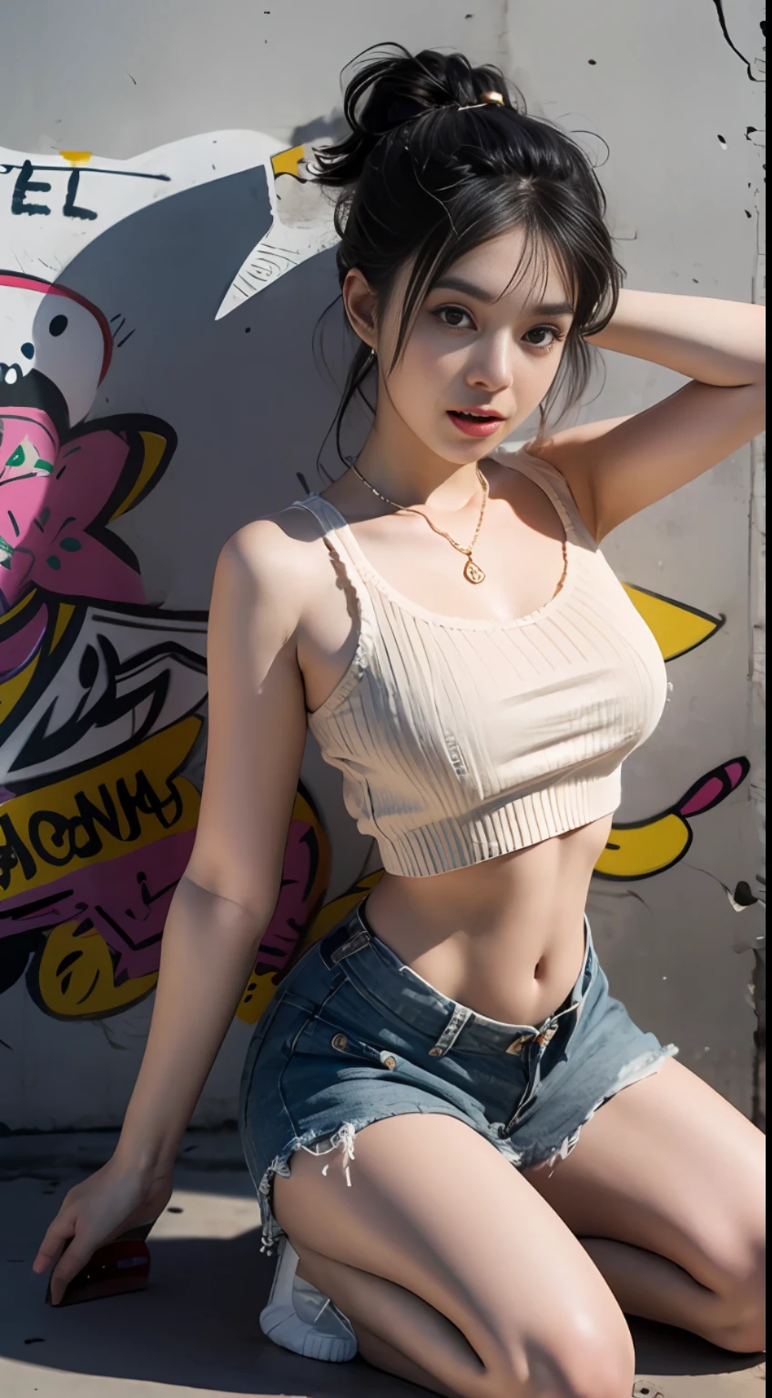 soft light, 1 girl, shorts and knitted top, navel, harley motorcycle, artwork, cgstation trend, photographic art, depth of field, cinematic light, graffiti painting on the wall, detail detail, ultimate beautiful facial features, facial focus, eyelashes, blush, kneeling on the ground, dynamic pose