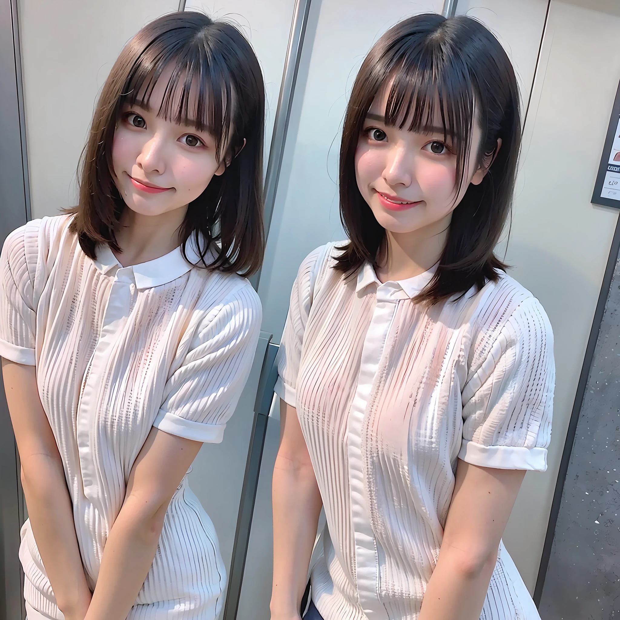 Full body, gray hair, (Dragoon: 1.2), Brant Bang, masterpiece, top quality, official art, very elaborate CG Unity 8K wallpaper, for girls, ultra high resolution, (photorealistic: 1.4), golden hour lighting, sweater dress, (upper body), (platinum shorthair: 0.8), (puffy eyes), looking at the viewer, frontal, smile, medium breasts, shirt lift, Gloves, shorthair