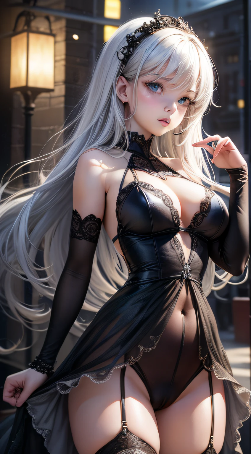 ulzzang-6500-v1.1, (raw photo:1.2), (photorealistic:1.4), beautiful detailed girl, white hair and blue eyes, very detailed eyes and face, beautiful detailed eyes, absurd, incredibly ridiculous, huge file size, super detailed, high resolution, very detailed, best quality, masterpiece, kemomimi, ((skirt evening dress)), illustration, very detailed, CG, unified, 8k wallpaper, Amazing, fine details, masterpiece, best quality, very detailed CG unified 8k wallpaper, face light, movie lighting, 1girl, , ((dynamic pose))), (camel toe), (half), (black stockings)), on campus