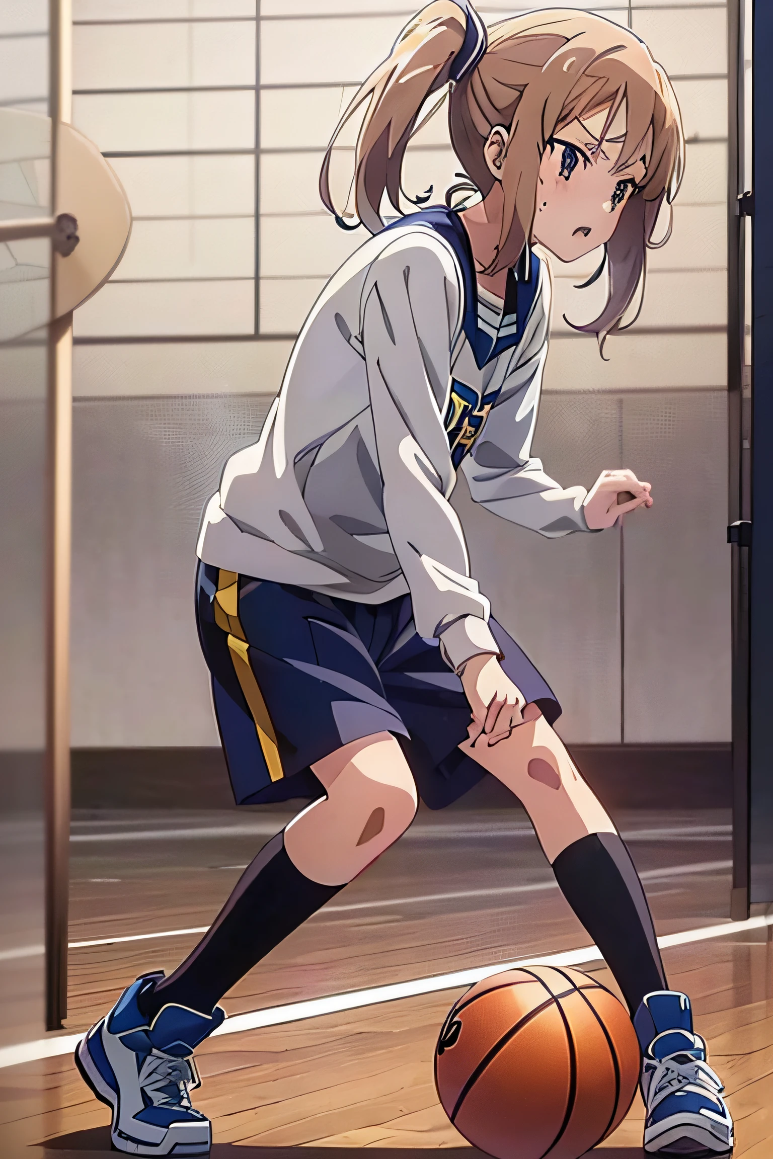 (Best Quality,Anime,Anime Art Style,Anime Screen Cap:1.5)Yuyushiki, Girl, 13 years old, Sweat,Playing basketball,Intense Angle,Stimous Movement,Looking Away,Expressionless、Calm Eyebrows