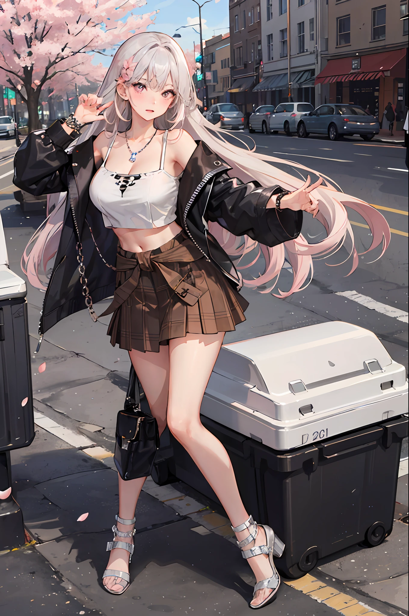 masterpiece, best quality, full body, 1girl, bangs, silver necklace, blonde hair, pink eyes, blush, bracelet, massive breasts, clothes around waist, collarbone, gradient hair, shy, jewelry, long hair, looking at viewer, loose necklace, plaid, plaid skirt, pleated skirt, short skirt, ring, white blouse, off-shoulders blouse, blouse, skirt, brown skirt, innocent, solo, street, sky, cherry blossoms, petals, illustration, fashionable, woman, vibrant, outfit, posing, front, colorful, dynamic, background, expression, statement, accessory, majestic, coiled, touch, scene, attention-grabbing, stylish, striking, modern, trendy, focus, fashion, sexy, enticing breasts, cute girl, crop top