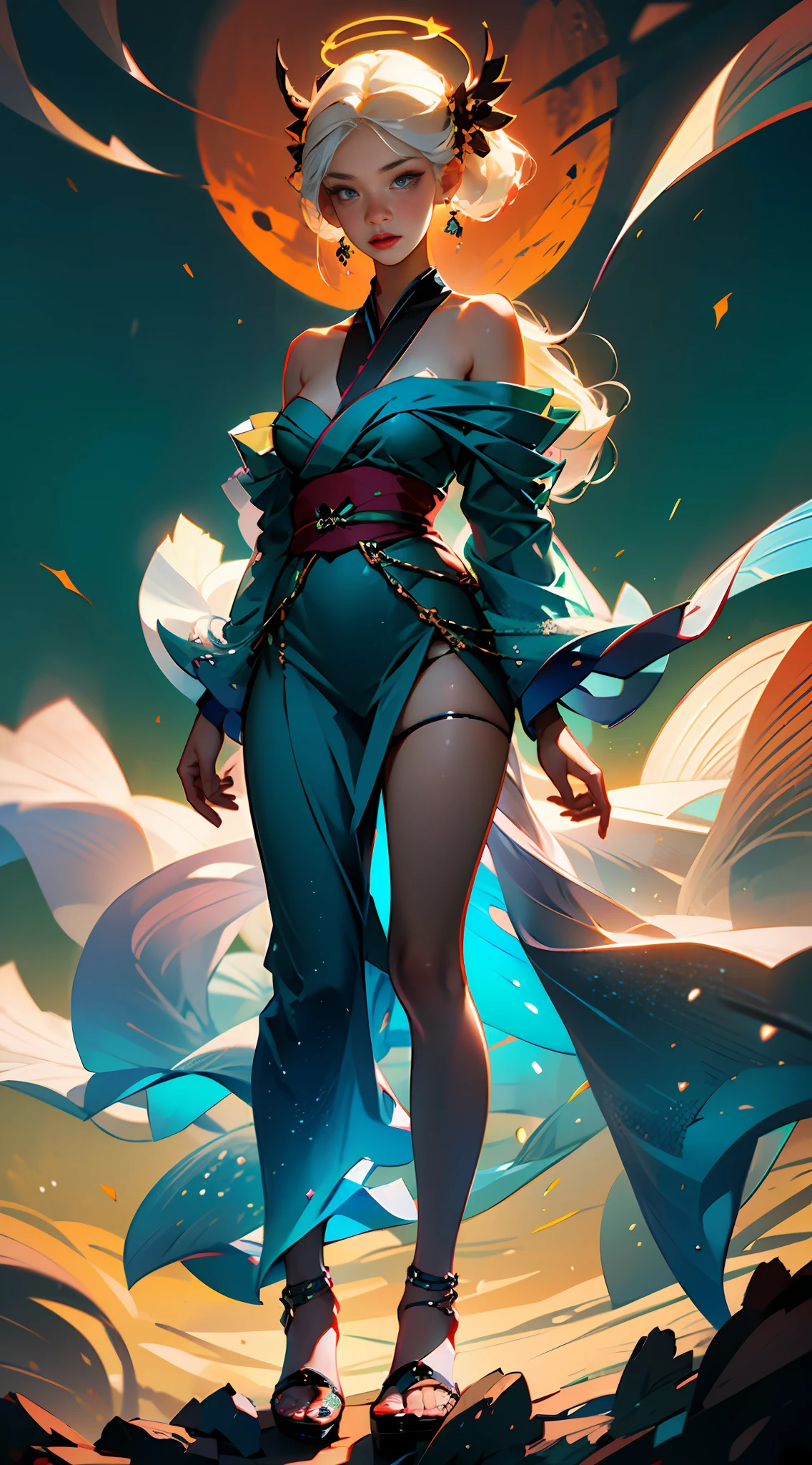Best Image Quality, MasterPiece, Ultra High Resolution, (Accuracy: 1.4), Photo, 1 Girl, (Rabbit: 1.5), Center Model Walking in Front of the Camera, Unbuttoned Kimono, Mesh Stockings, Ribbon, White Hair, Long Straight Hair, Bangs, Full Body, Medium Breasts, Bare Chest, Beautiful Legs, Slender Legs, Very Long Hair, Night Sky Background, Red Moon, Extremely Detailed Eyes and Face, Beautiful Detailed Eyes, halo around the head, dull, dark, filmy, 1.5), (erotic clothing: 1.4), bare shoulders.