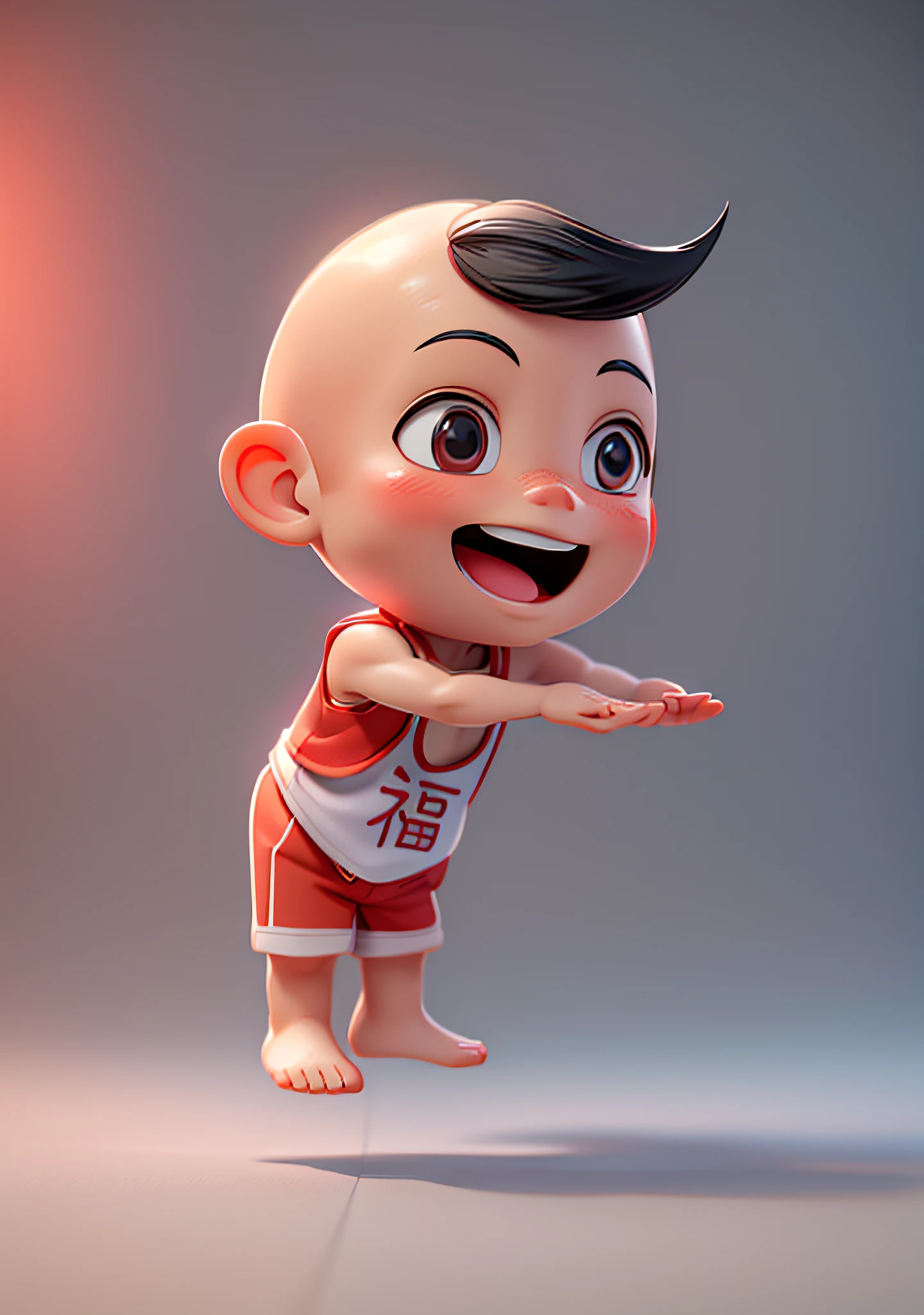 (Masterpiece: 1.3), (Best Quality: 1.3), (Masterpiece: 1.3), (Best Quality: 1.3), (8K: 1.5), (Ultra High Resolution), Full Body, (Bicephal: 2), (Natural Skin Texture), (Beautiful and Beautiful), (Very Detailed CG, Intricate Details), White Background, (White Background: 1.5), .pixar, 3D, C4D, blender, 1 Boy, cute, happy face, Bald head, Black hair, Solo, ( Chinese style: 1.5), sleeveless, red shorts, red single vest, barefoot,