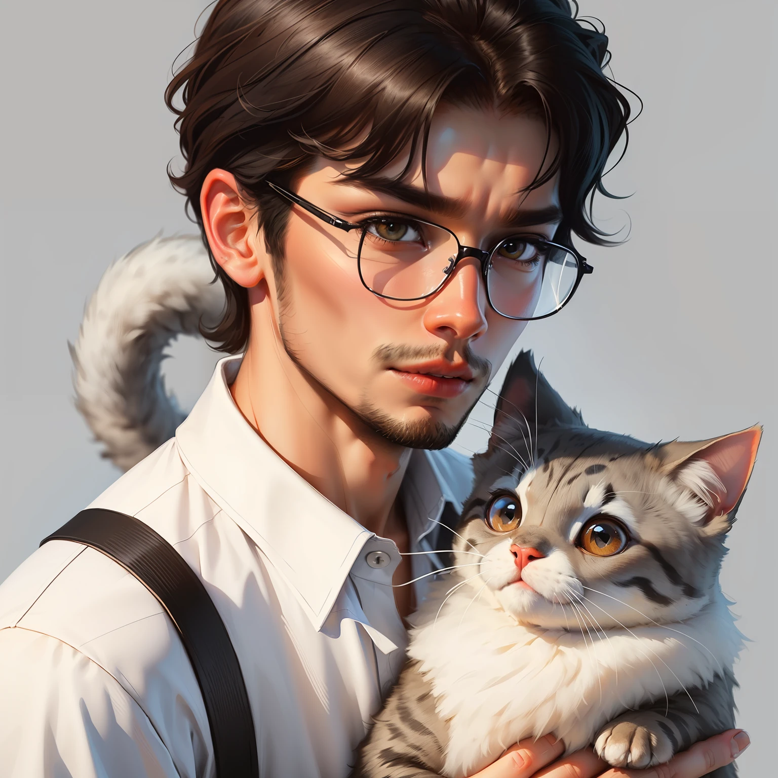 1 man holding a cute cat, brown pupils, brown eyes, wearing glasses, focused eyes, affectionate, best picture quality, male god masterpiece, high detail, short black hair, black hair, bangs, 18 years old, mature, young, urban elite, tall, white shirt, black pants, solid color background, cold, tall and handsome, authoritative, powerful, delicate facial features, delicate facial features, full body, holding white chinchilla, background has no other color