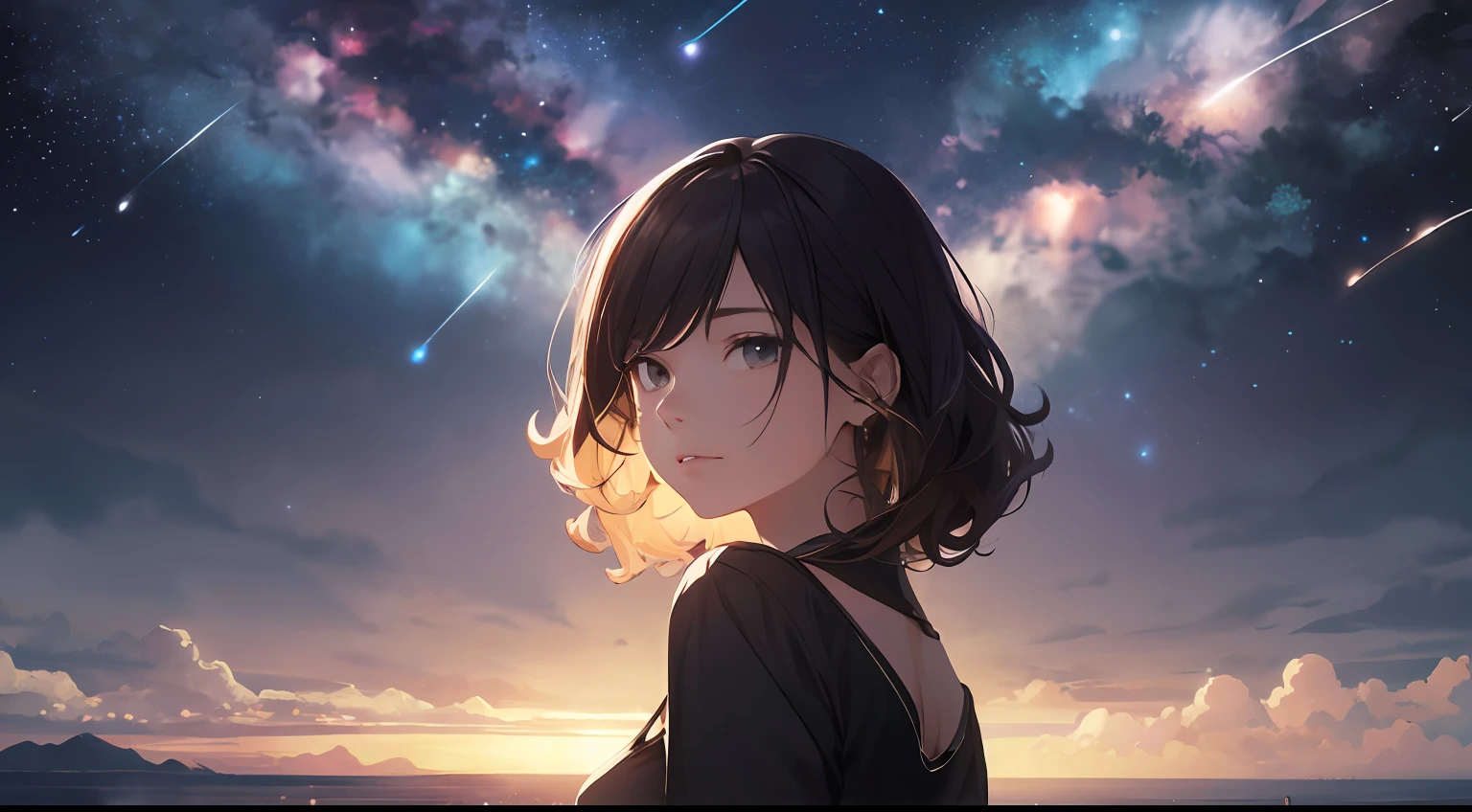 (Best Quality: 1.5), (Super Detail: 1.5), (Best Quality Photo: 1.5), ocean as far as the eye can see, full of stars, meteor shower, horizon, midnight, midnight, scenic, beautiful landscape, galaxy, nebula, light particles, very delicate and beautiful, very detailed, cinematic light, mysterious, cinematic angle, 8k resolution, elegant, perfect, smooth, beautiful girl, very cute, curly,