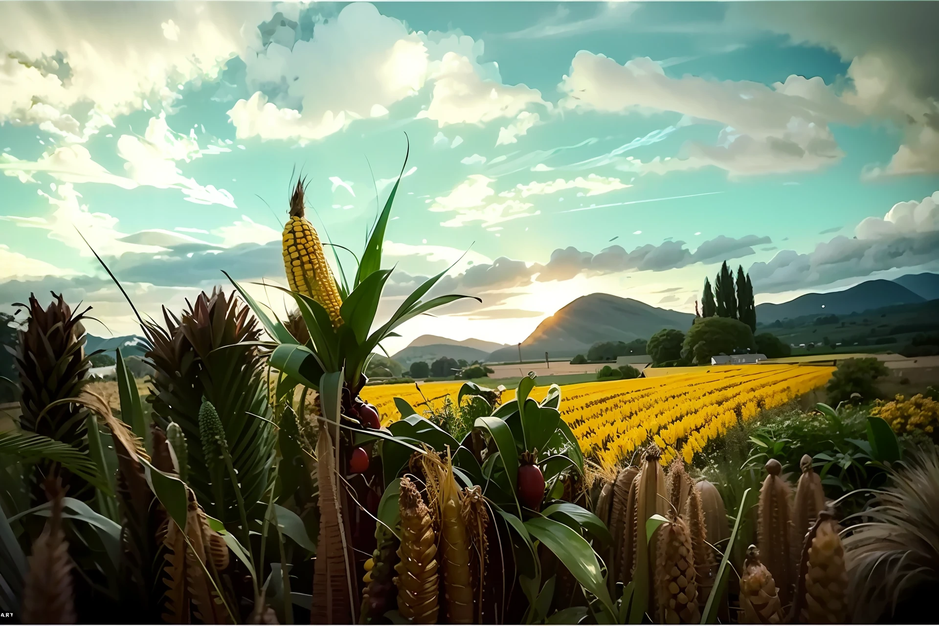 a corn field with some grains in the foreground, late summer, beautiful coloured sky, hyperrealistic digital concept art with edgy coarsebrush strokes. concept art in the style of brett amory.