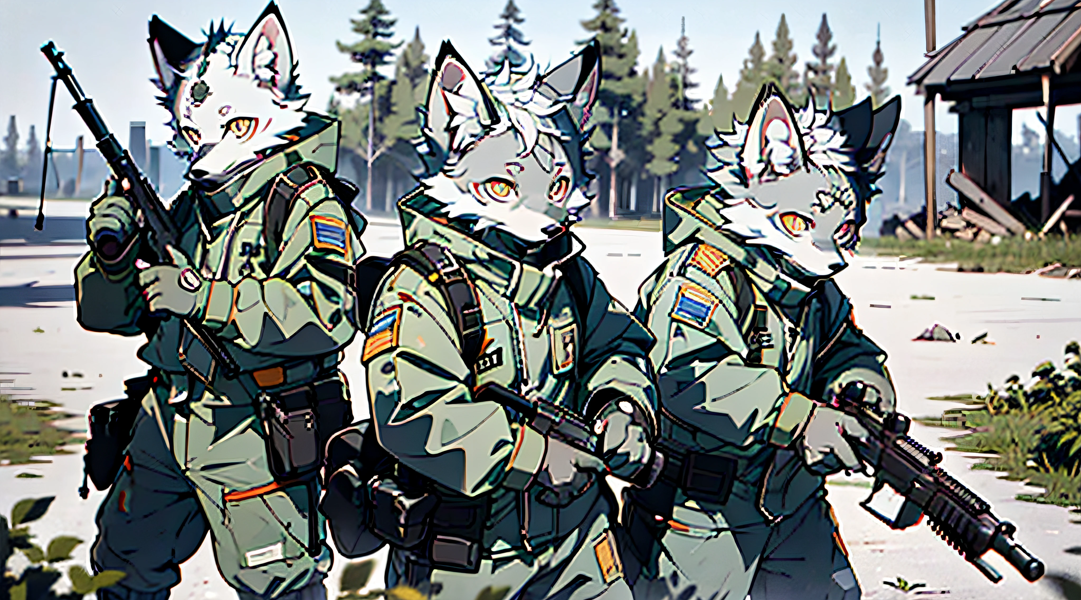 (Best Image Quality), ((Sharpen 1.2)), (Masterpiece), 4K Resolution, Ultra Clear, Visible Lines, (((Single))), (Ultra Detailed), (Furry), Full Body Furry, Furry, (Male Arctic Fox: 1.5), (Grey Skin: 1.3), (Gray Fur: 1.3), (Golden Eyes), ((Canine Paws)), ((Gray Paws)), (Grey Ears), Sharp Focus, (Furry Animal Ears), Wearing Soldier Gear, in bulletproof vests, soldiers' helmets, gas masks, rifles on their backs, on the ruins of the battlefield