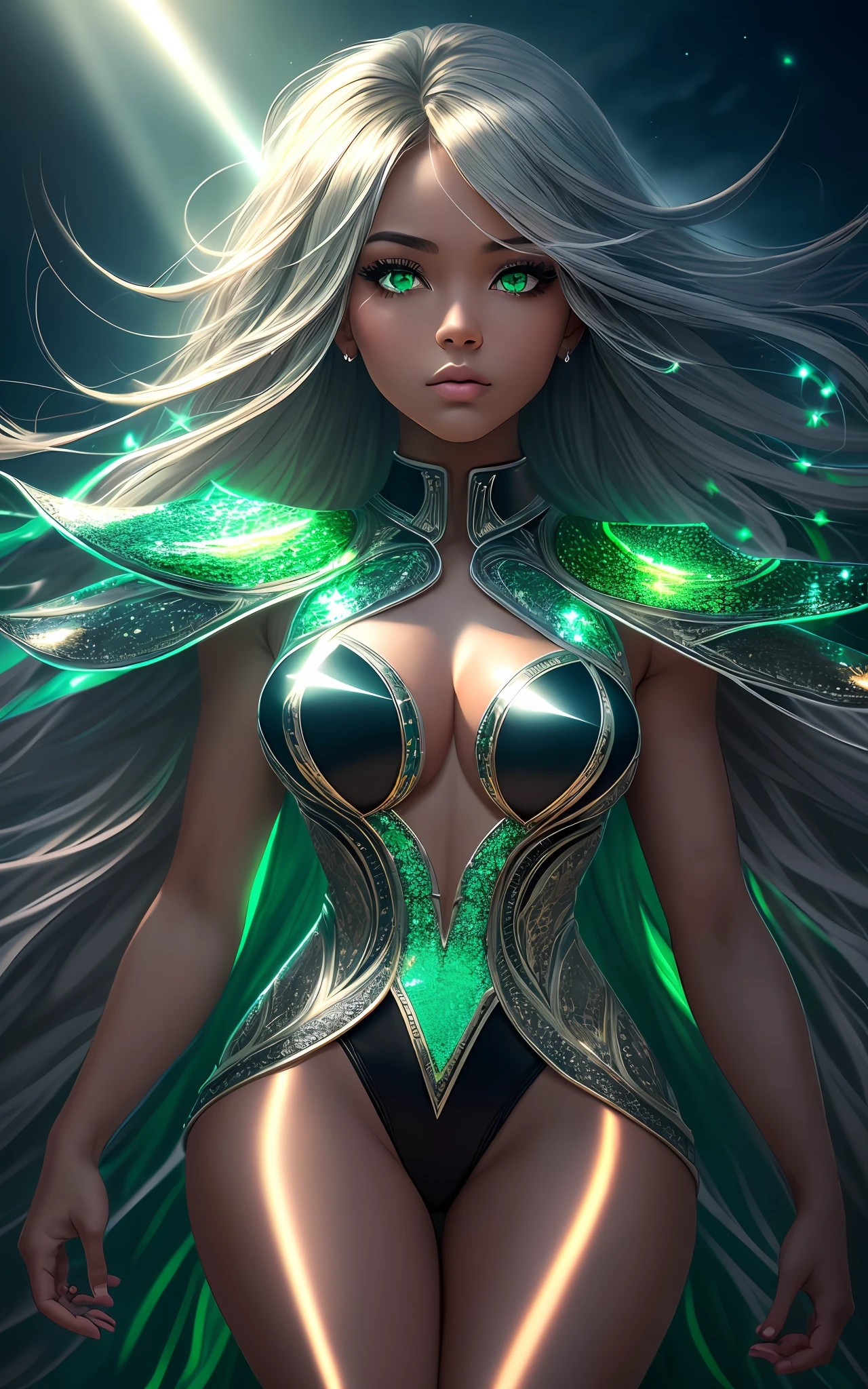 award winning 64k concept art of (black 1girl:1.2) in light green majestic open dress standing bravely, head to the side, posing, epic, god rays, centered, upper body, (masterpiece:1.2), (best quality:1.2), Amazing, highly detailed, beautiful, finely detailed, warm soft color grading, Depth of field, extremely detailed 64k, fine art, stunning, iridescent, shiny, (light reflections:1.2), (crisp:1.5), silver curls, storm, vibrant, sunlit, (edge detection:1.2), absurdres, impressive, 120mm, outlining, wide thighs, mirrors, luminous, glittering, reflections, lights, sky