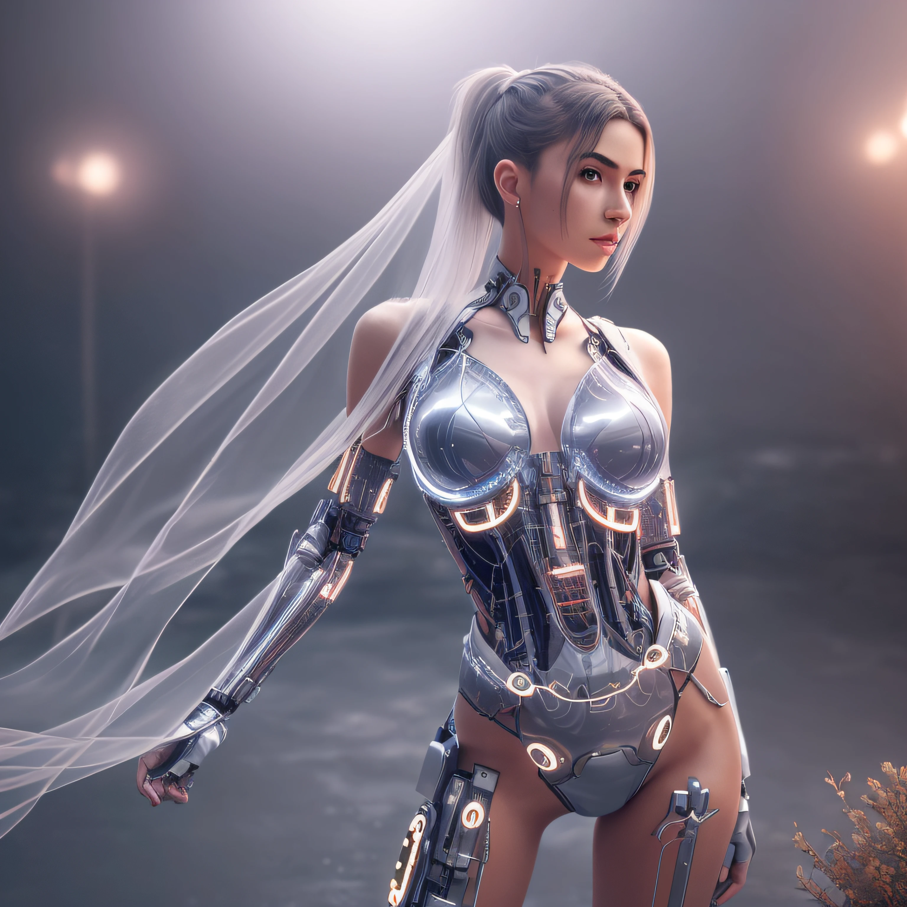 As a Yael Shelbia, realistic photography, photorealistic, realism, contrast, photography, masterpiece, cyborg, cyberpunk, ethereal beauty, ethereal, ultra realistic, 3d, 3d rendering, porcelain, Best quality, human anatomy, real hair, short hair, Asymmetrical Cut Hair, moving hair, huge breasts, human anatomy, posing for photo, translucent, (ethereal, Dream), formidable, 8k wallpaper, Realistic Textures Dramatic Lighting, Trending at Art Station Cinestill 800 --auto