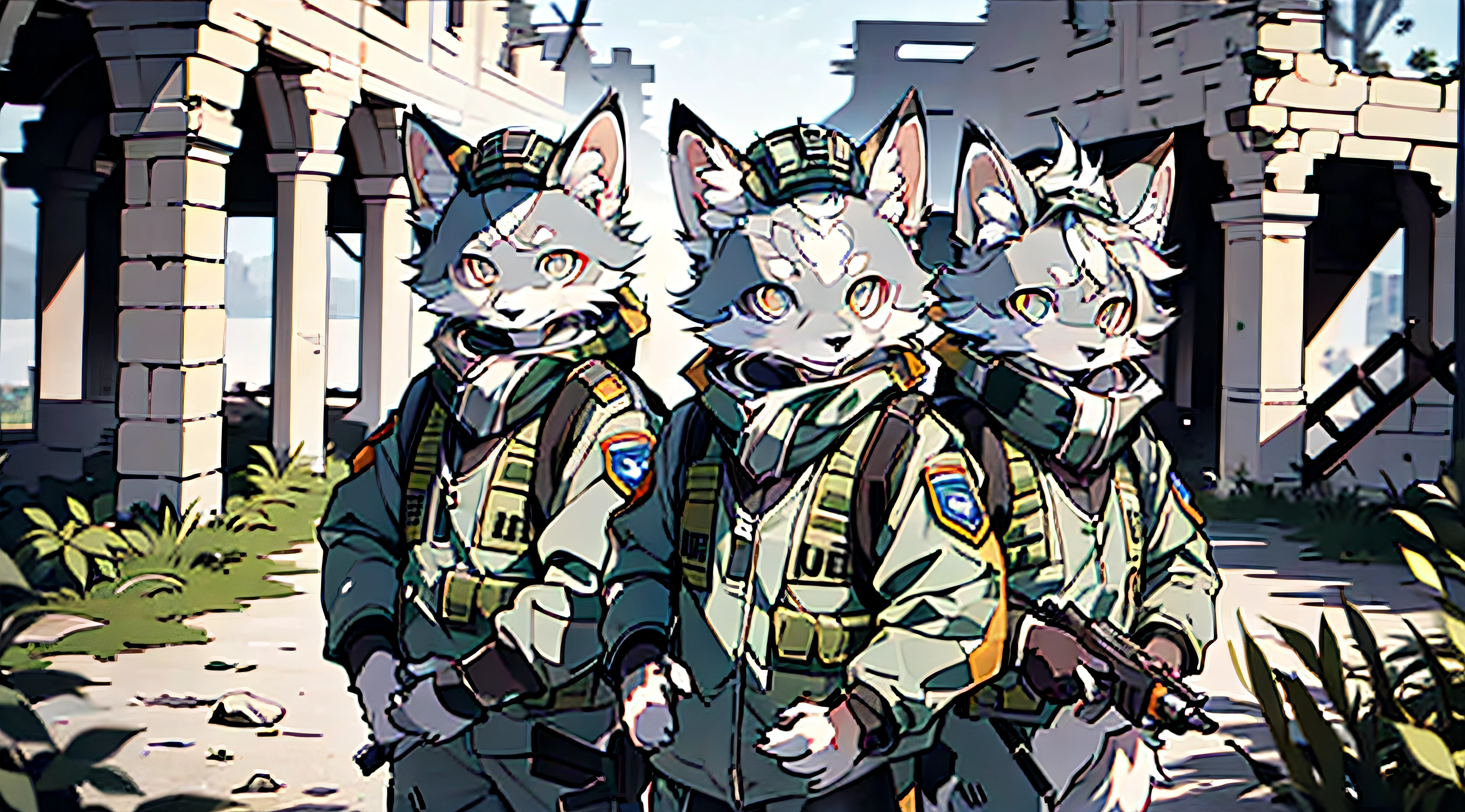 (Best Image Quality), ((Sharpen 1.2)), (Masterpiece), 4K Resolution, Ultra Clear, Visible Lines, (((Single))), (Ultra Detailed), (Furry), Full Body Furry, Furry, (Male Arctic Fox: 1.5), (Grey Skin: 1.3), (Gray Fur: 1.3), (Golden Eyes), ((Canine Paws)), ((Gray Paws)), (Grey Ears), Sharp Focus, (Furry Animal Ears), Wearing Soldier Gear, in bulletproof vests, soldiers' helmets, gas masks, rifles on their backs, on the ruins of the battlefield