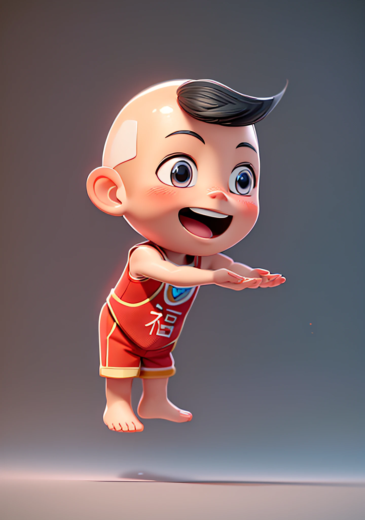 (Masterpiece: 1.3), (Best Quality: 1.3), (Masterpiece: 1.3), (Best Quality: 1.3), (16K), (Ultra High Resolution), Full Body, (Biceph: 2), (Natural Skin Texture), (Beautiful and Beautiful), (Very Detailed CG, Intricate Details), White Background, (White Background: 1.5), .pixar, 3D, C4D, blender, 1 Boy, Clovely, Happy Face, Bald Head, Black Hair, Solo, ( Chinese style: 1.5), sleeveless, red shorts, red single vest, barefoot,