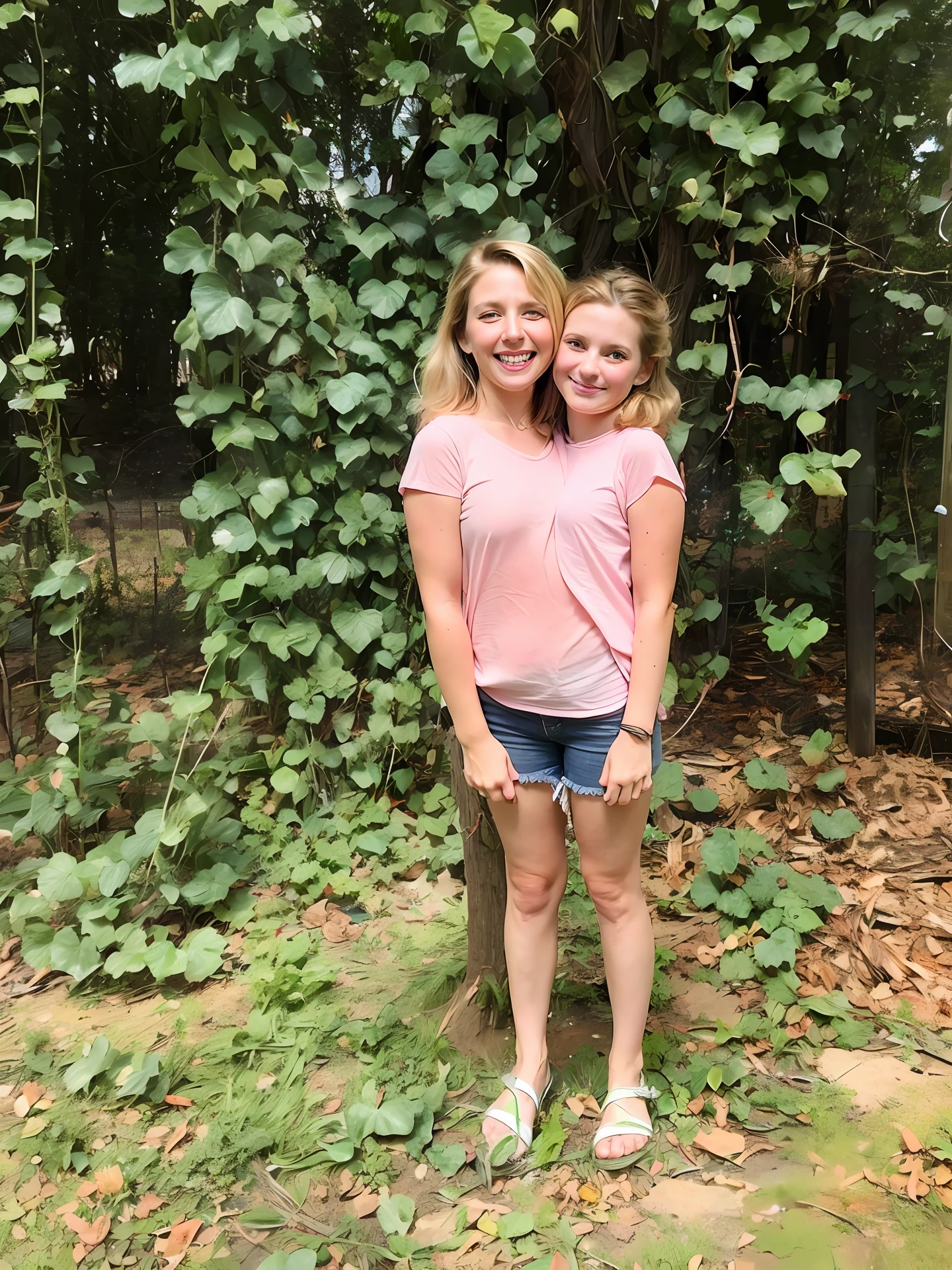 2heads, mom and daughter, (1head:1.5 child), (1head:1.5 young adult) (one torso:1.5), Irish, white girls, age difference, (two heads on one body:1.4), (first head uncomfortable:1.5), (second head unhappy:1.5) conjoined twins, heads side by side, one torso, young, realistic faces, lifelike faces, uncomfortable, barefoot