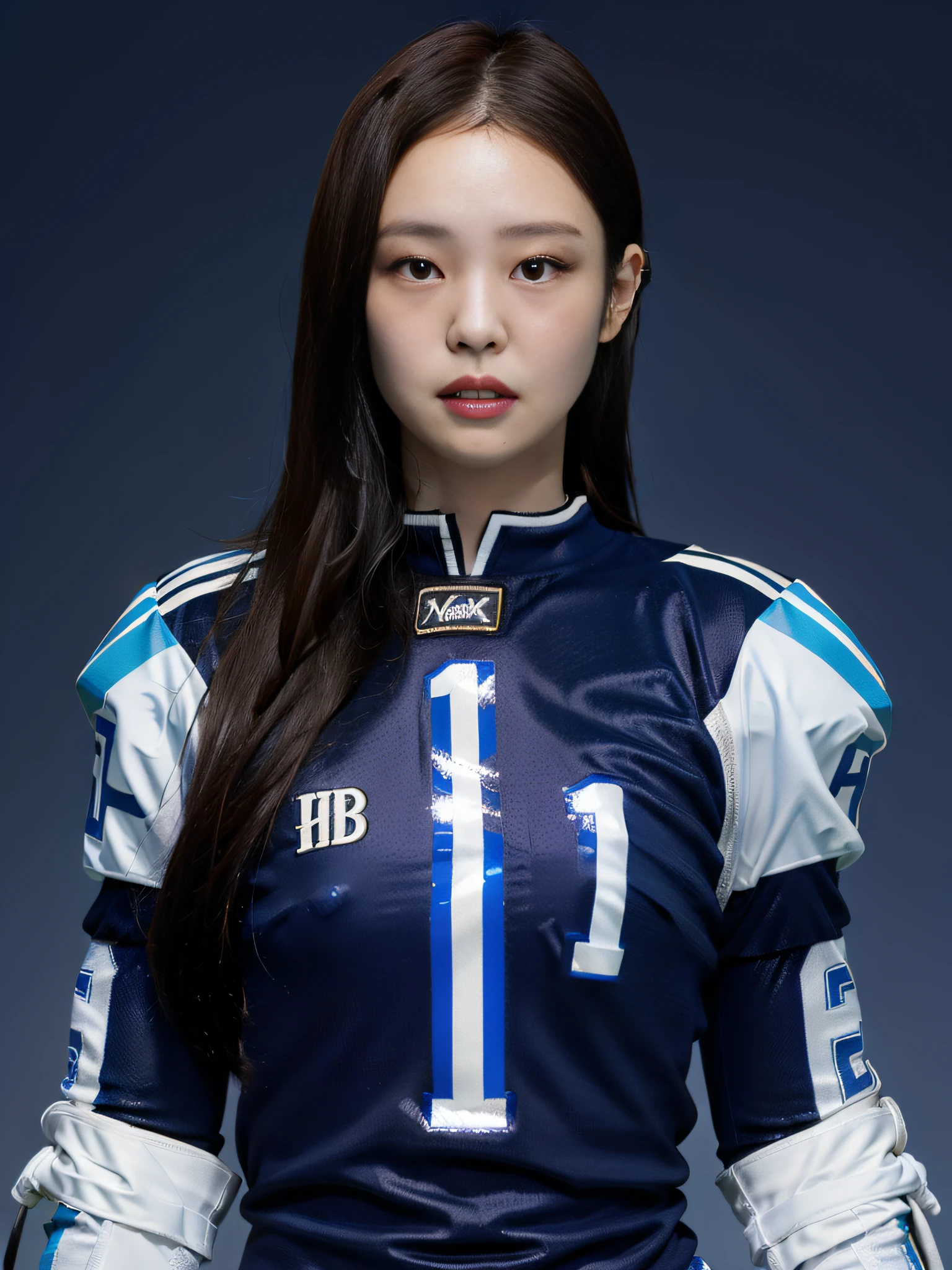 Masterpiece, superlative, realistic, Jennie wearing trendy football uniform, HD, photography and lighting, 16k