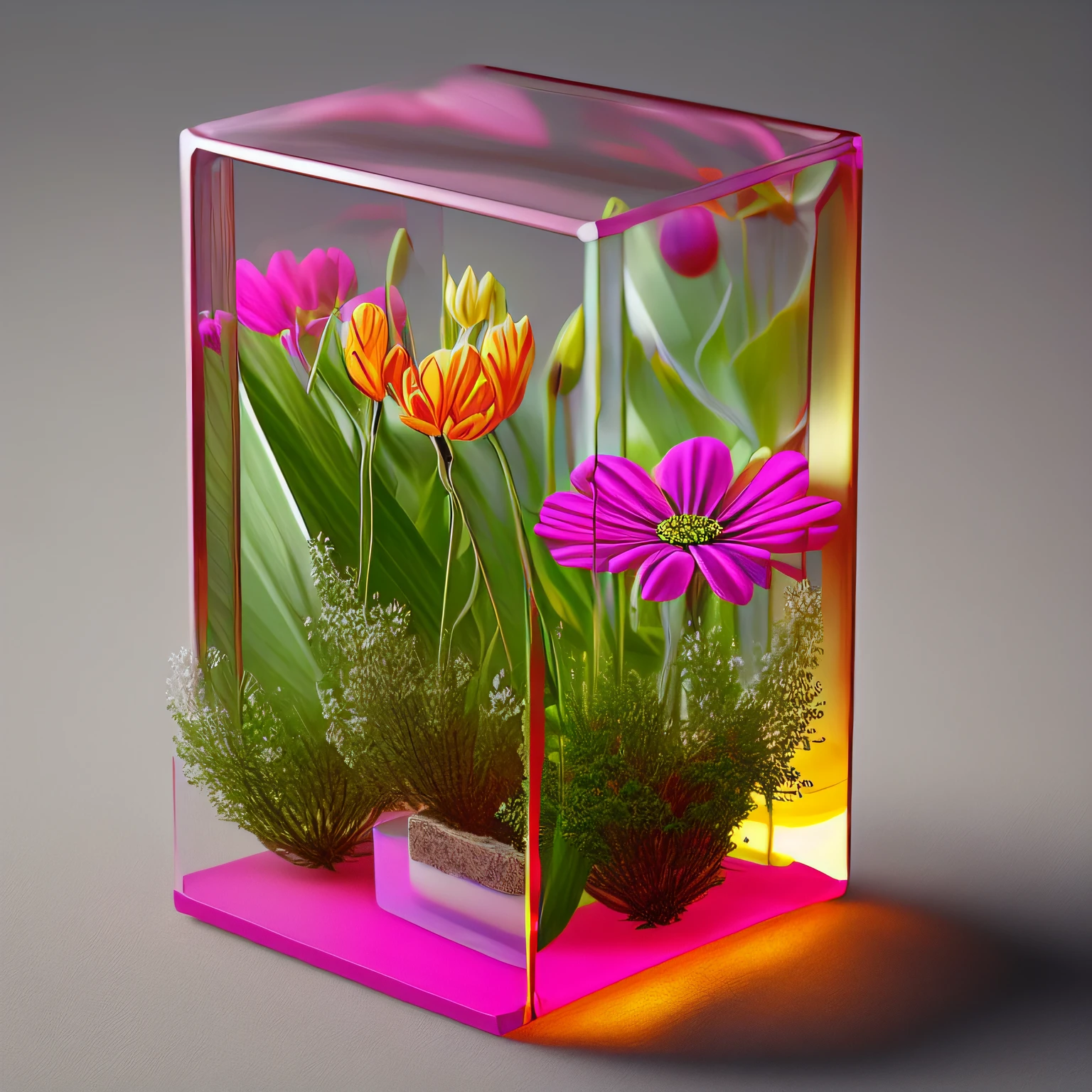 Desert pink flower inside a rectangle glass cube, realism, 16k --auto