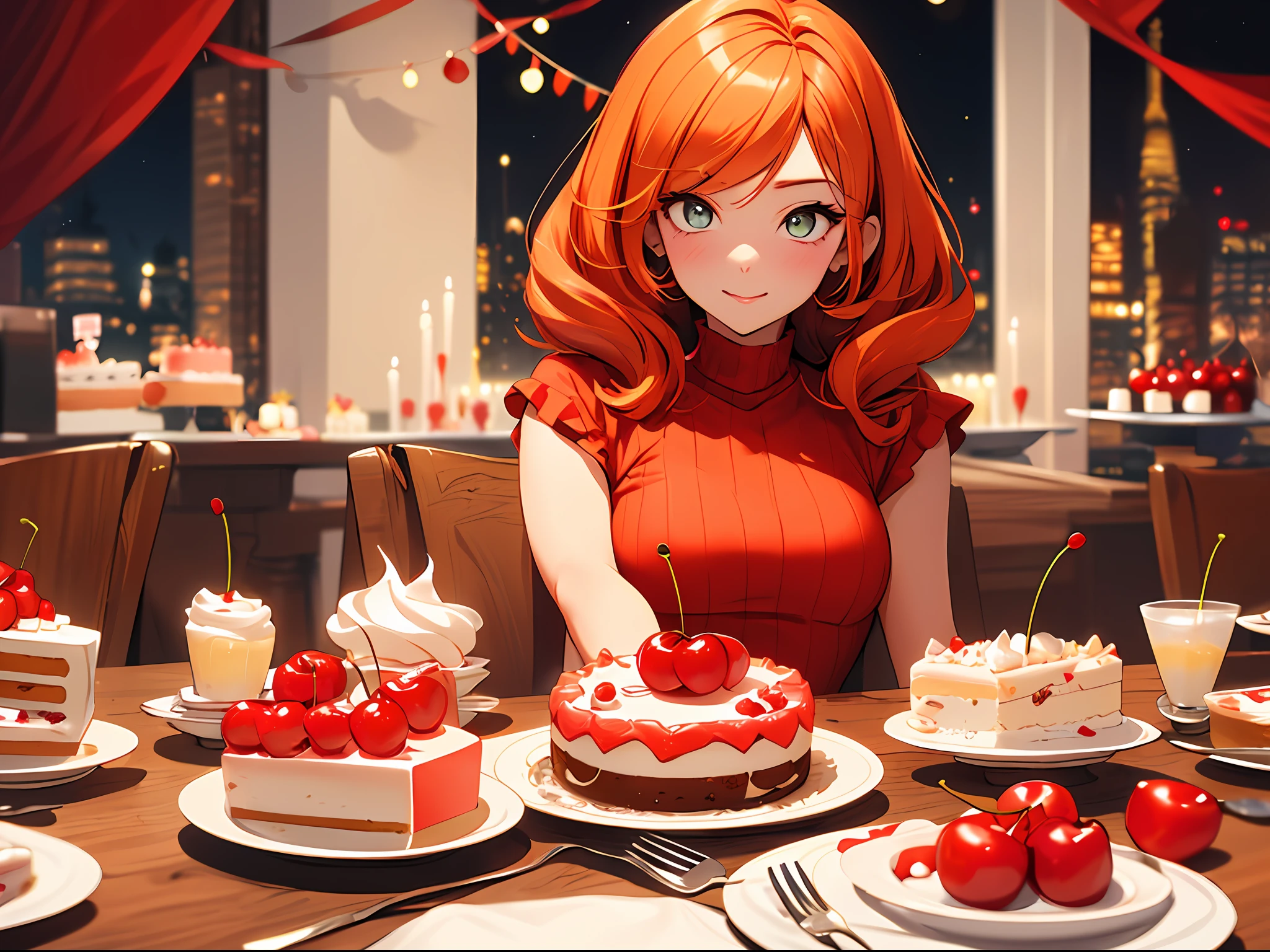 Best Category-Visual Arts: "orange hair, A woman with flamboyant outfit and cute eyes, ready to eating (((cake red 🍒)))dinner table set against the backdrop of New York City. The scene is in a red and orange color scheme, giving it a warm and vibrant ambiance."